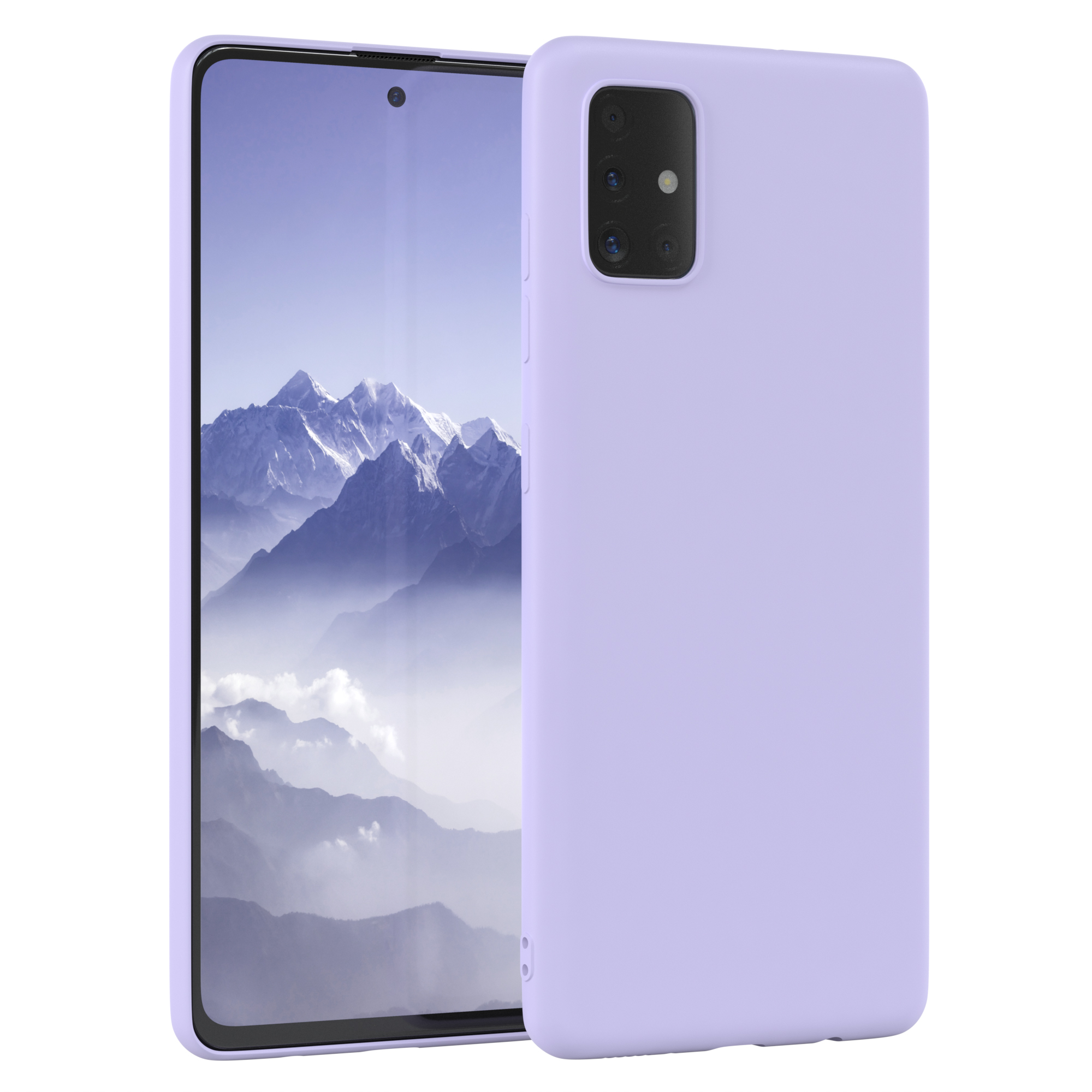 Lila Handyhülle mit lila Telefon. Das Telefon hat mehrere Kameras auf der Rückseite.