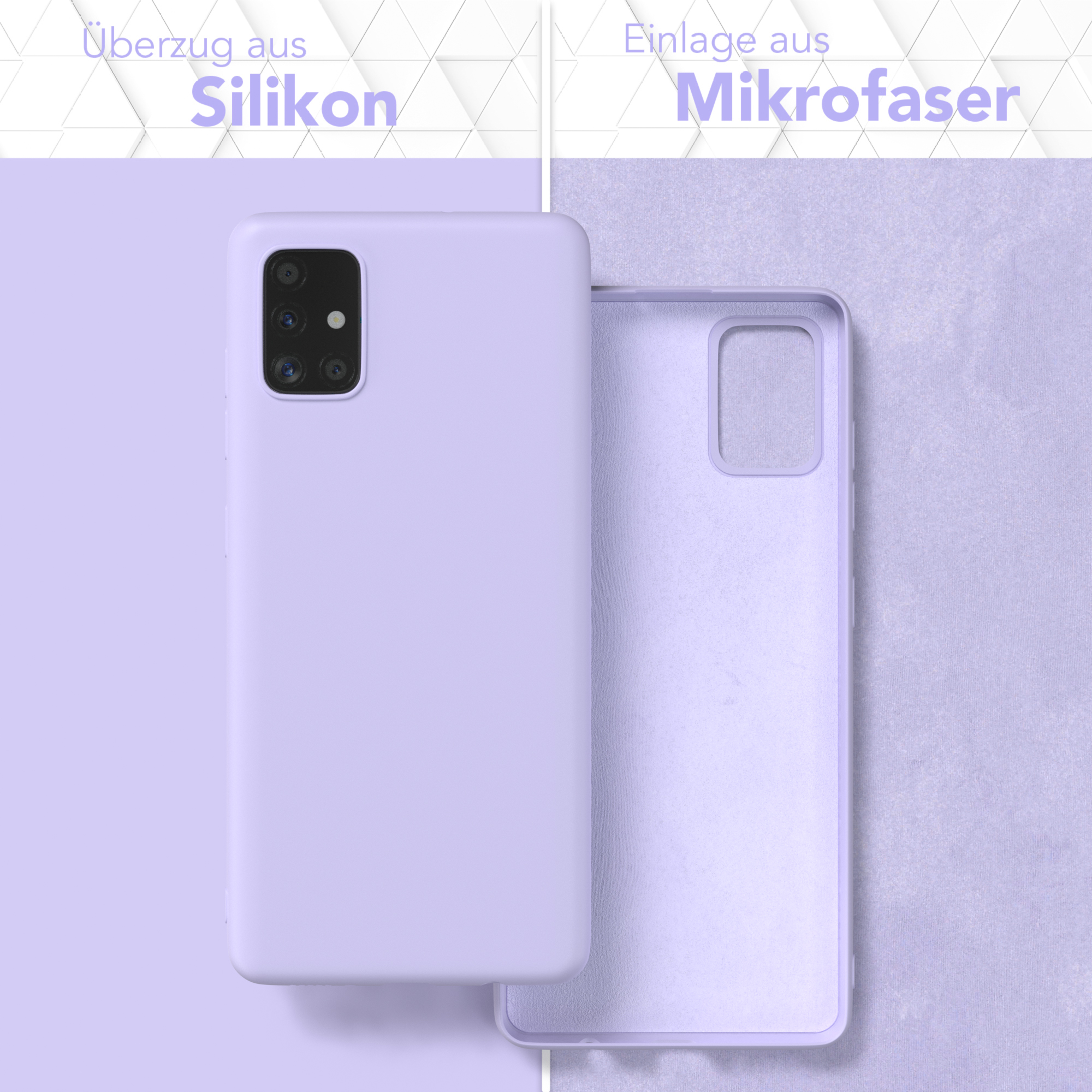 Zwei Handyhüllen, eine mit Silikon außen und eine mit Mikrofaser innen, nebeneinander.