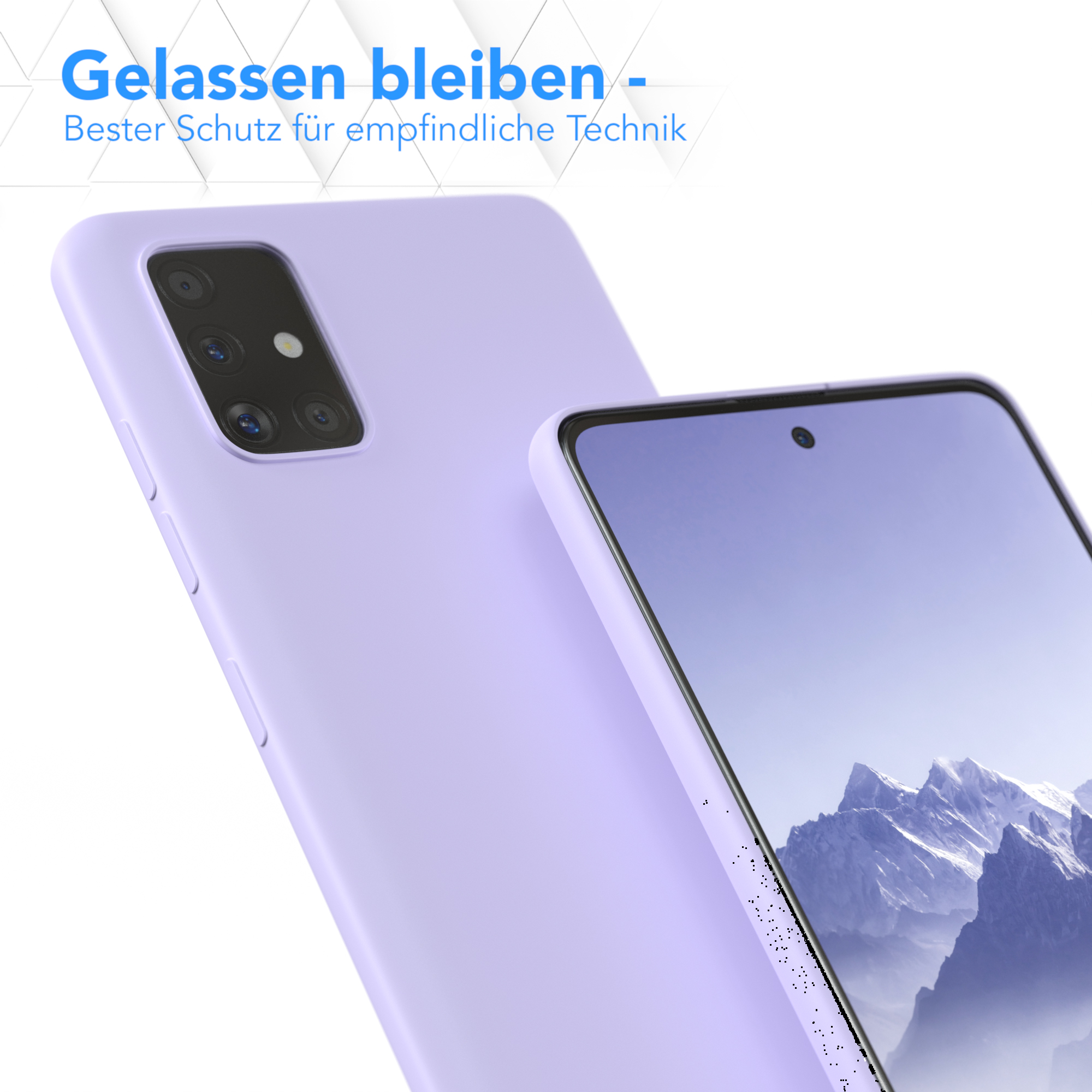 Nahaufnahme einer Handyhülle und eines Telefons. Hülle und Telefon sind beide lavendelfarben.