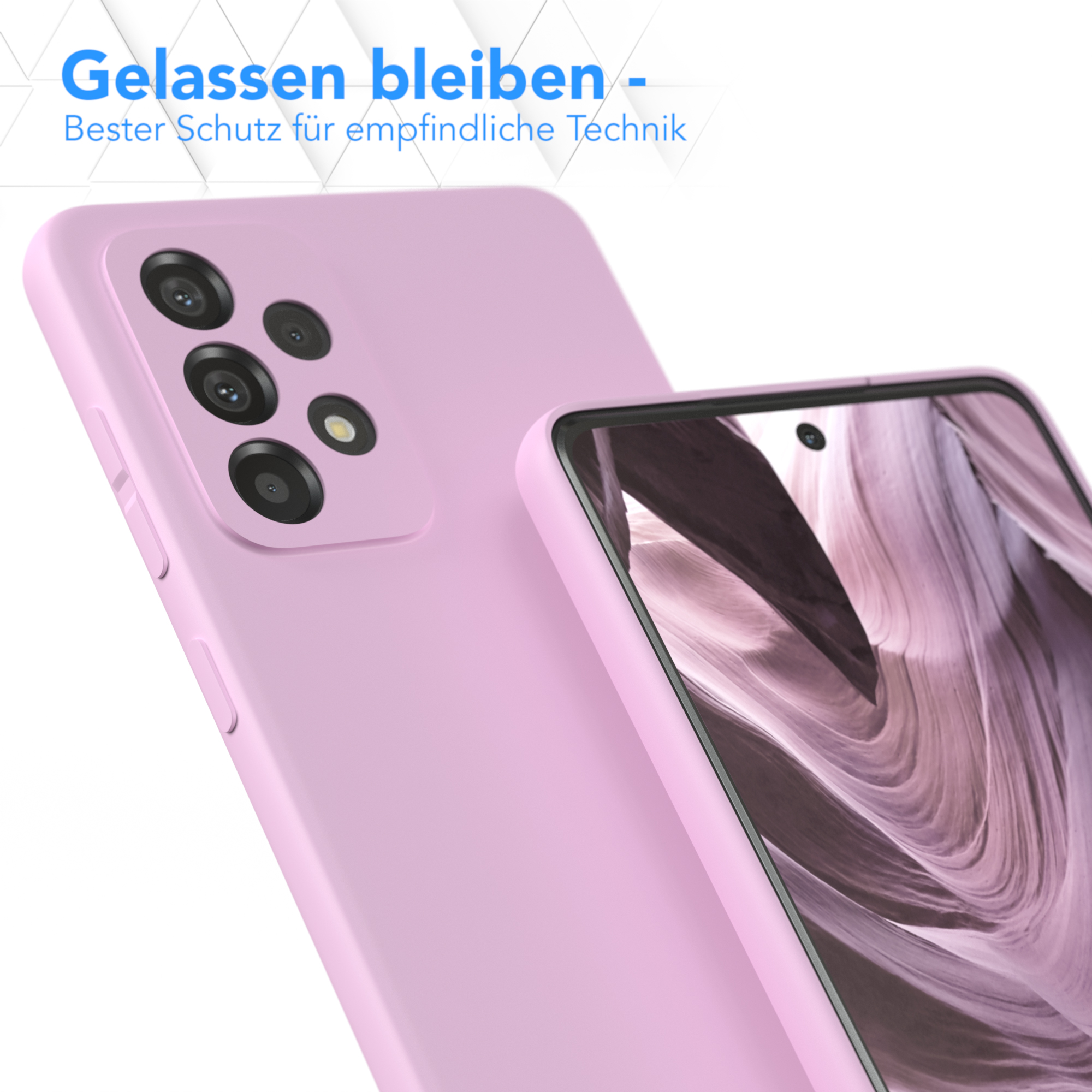 Nahaufnahme einer lavendelfarbenen Handyhülle mit Telefon im Inneren. Text: Entspannt bleiben - bester Schutz für empfindliche Technik.