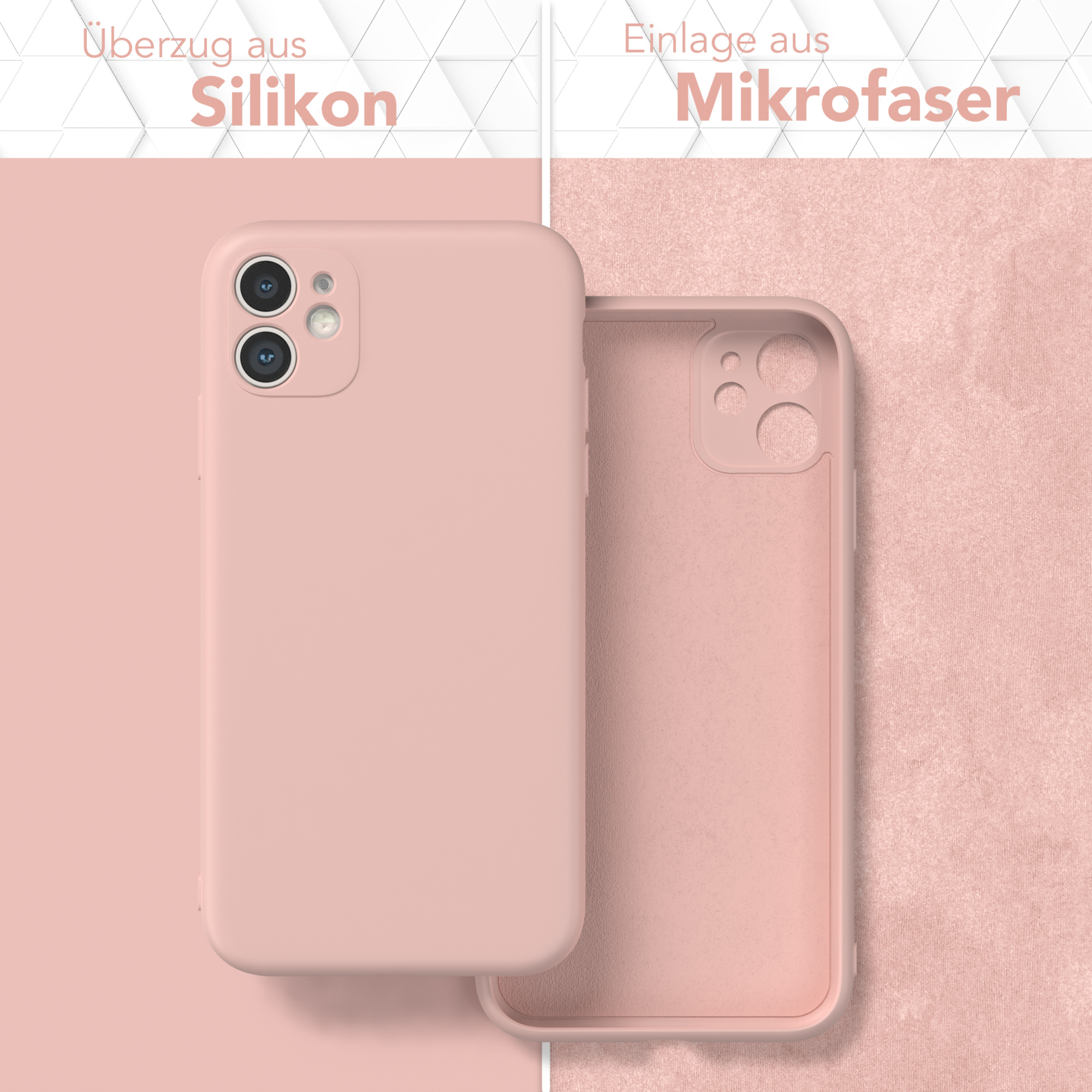 Handyhüllen-Teile: Silikonhülle und Mikrofaserfutter. Die Hülle ist rosa, das Futter hat die gleiche Farbe.