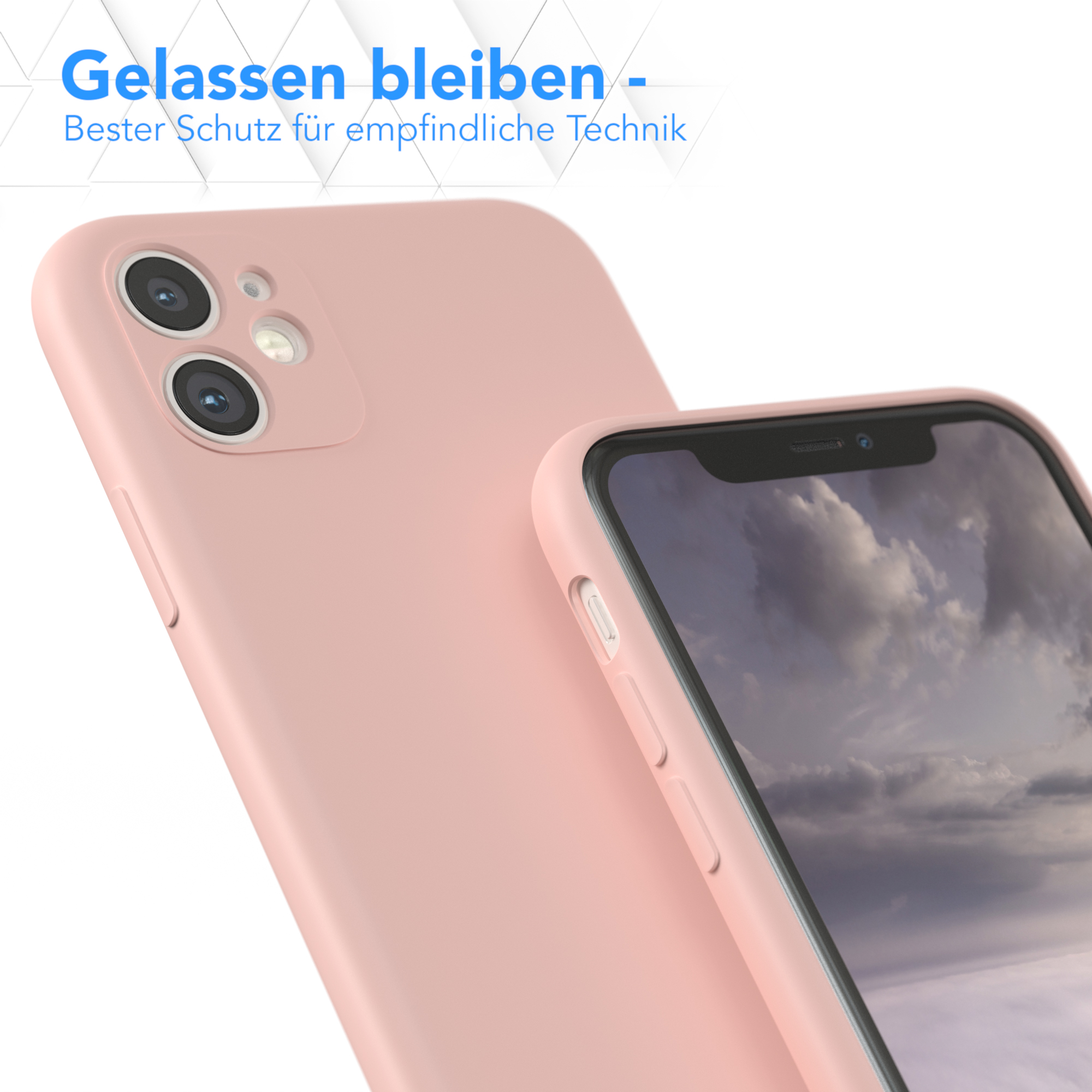 Eine hellrosa Handyhülle und ein passendes Telefon. Text: Bleiben Sie ruhig - bester Schutz für empfindliche Technik.