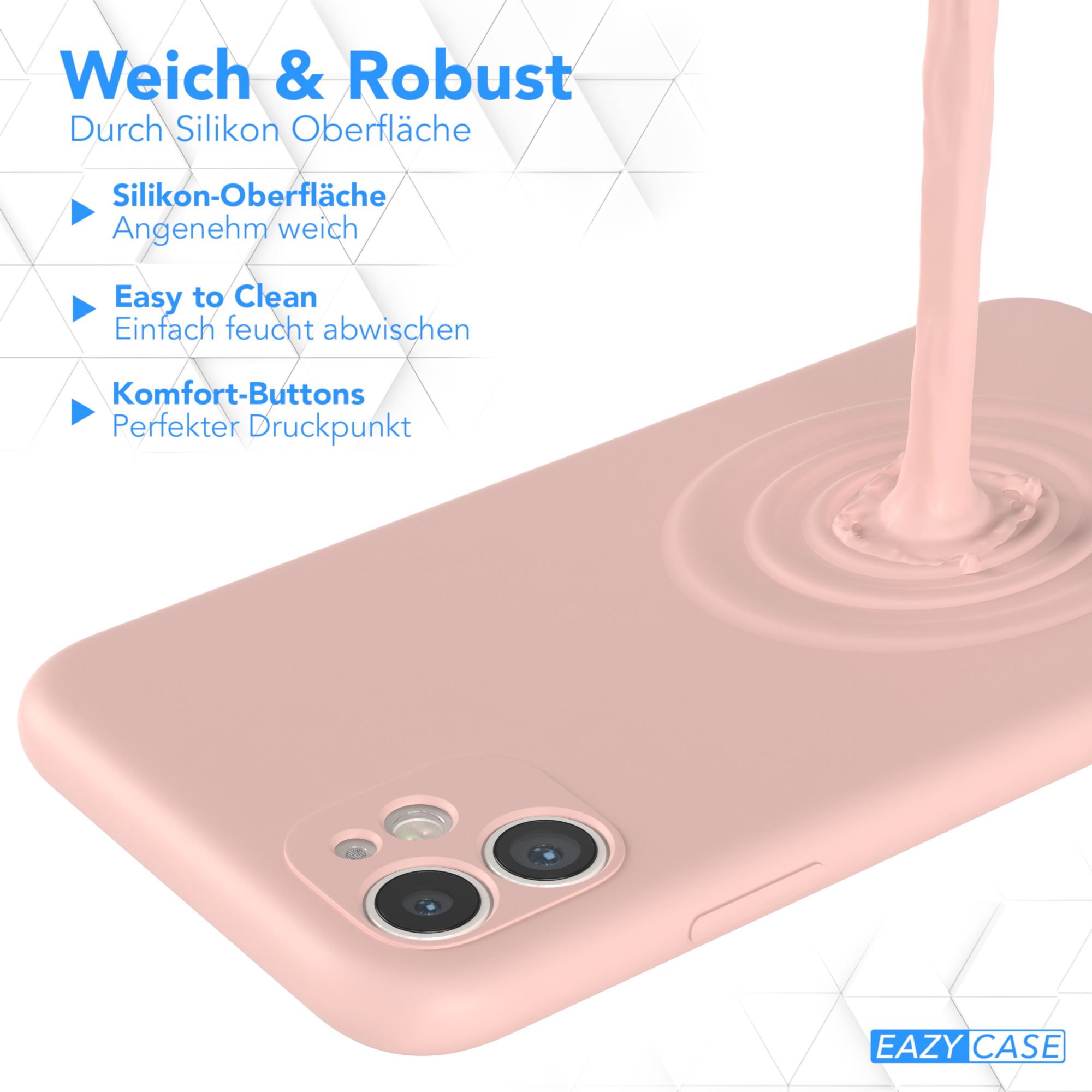 Rosa Handyhülle mit Flüssigkeit. Text sagt "Weich & Robust" mit Merkmalen: Silikonoberfläche.