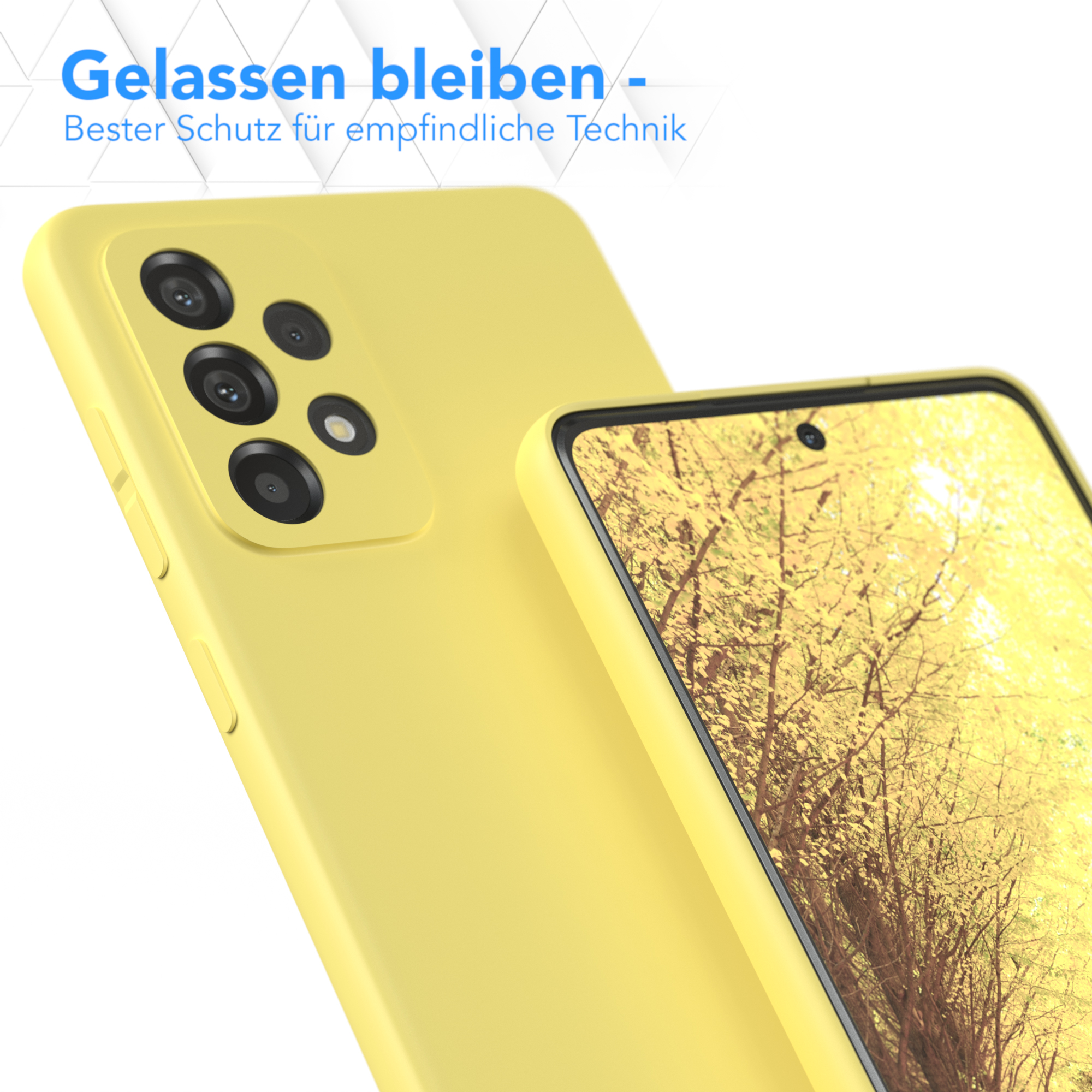 Zwei gelbe Handyhüllen, eine zeigt ein Handy mit gelben Herbstbäumen im Hintergrund.