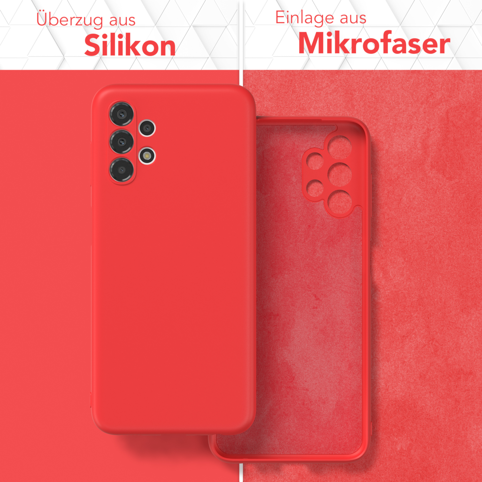 Eine rote Handyhülle mit offenem Innengehäuse. Der Hintergrund ist rot und der Text lautet 'Silikon'.