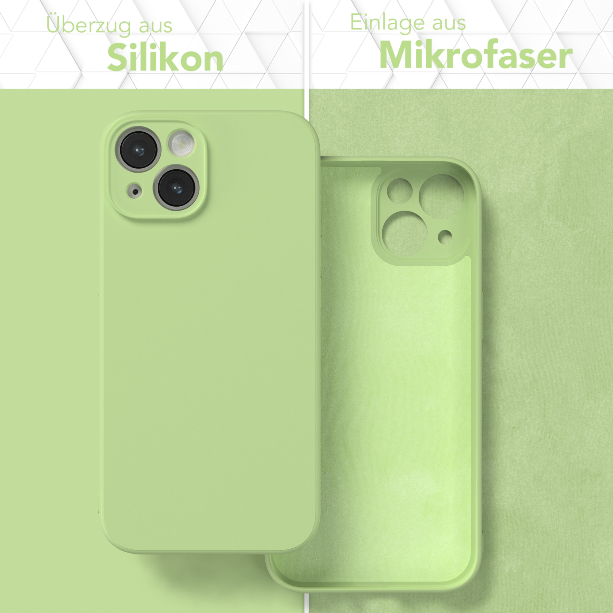 Grüne Handyhüllen-Teile: Silikonhülle und Mikrofaserfutter, die den Aufbau zeigen.