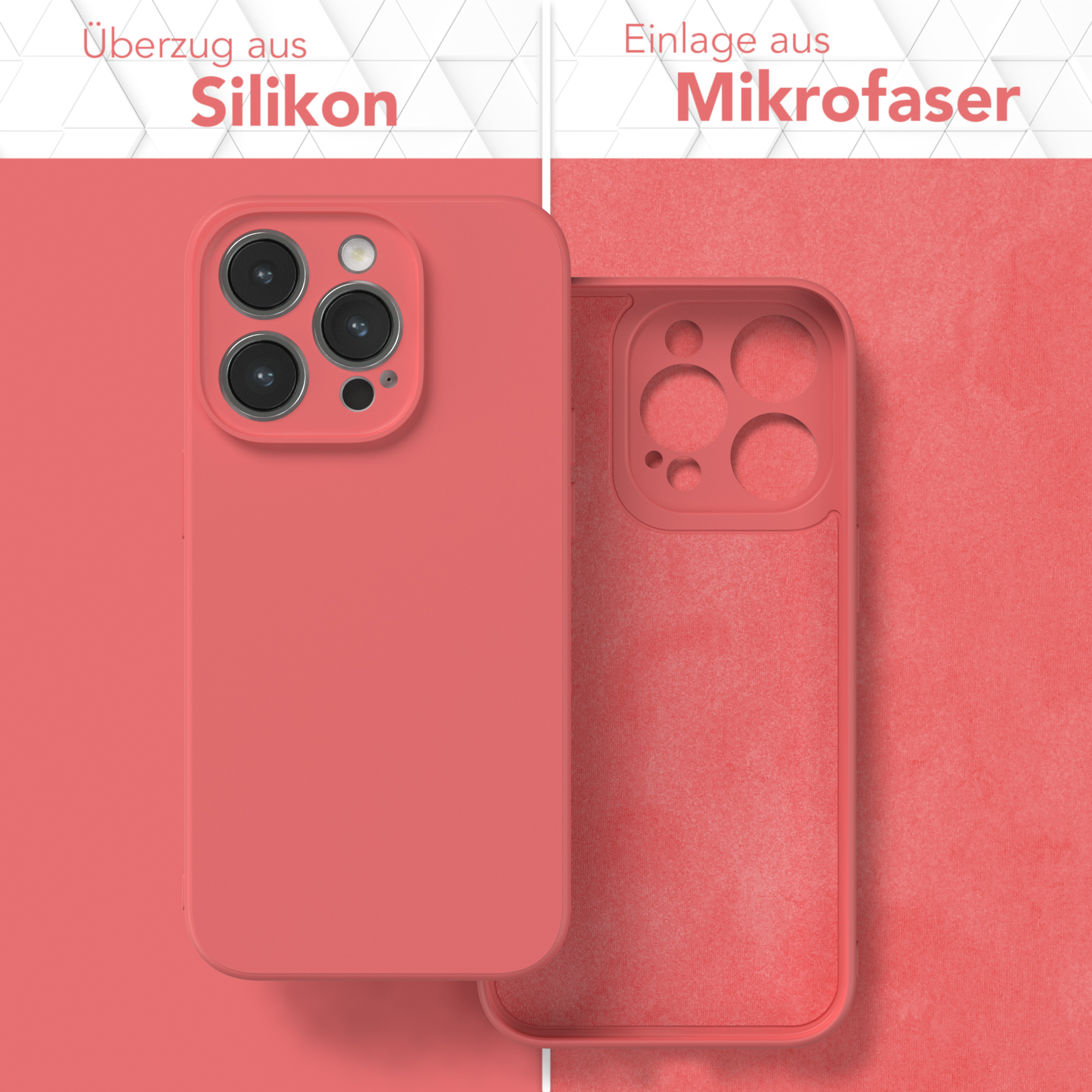 Eine Handyhülle, die ihre Silikonaußenseite und das Mikrofaser-Innenteil in Rot zeigt.