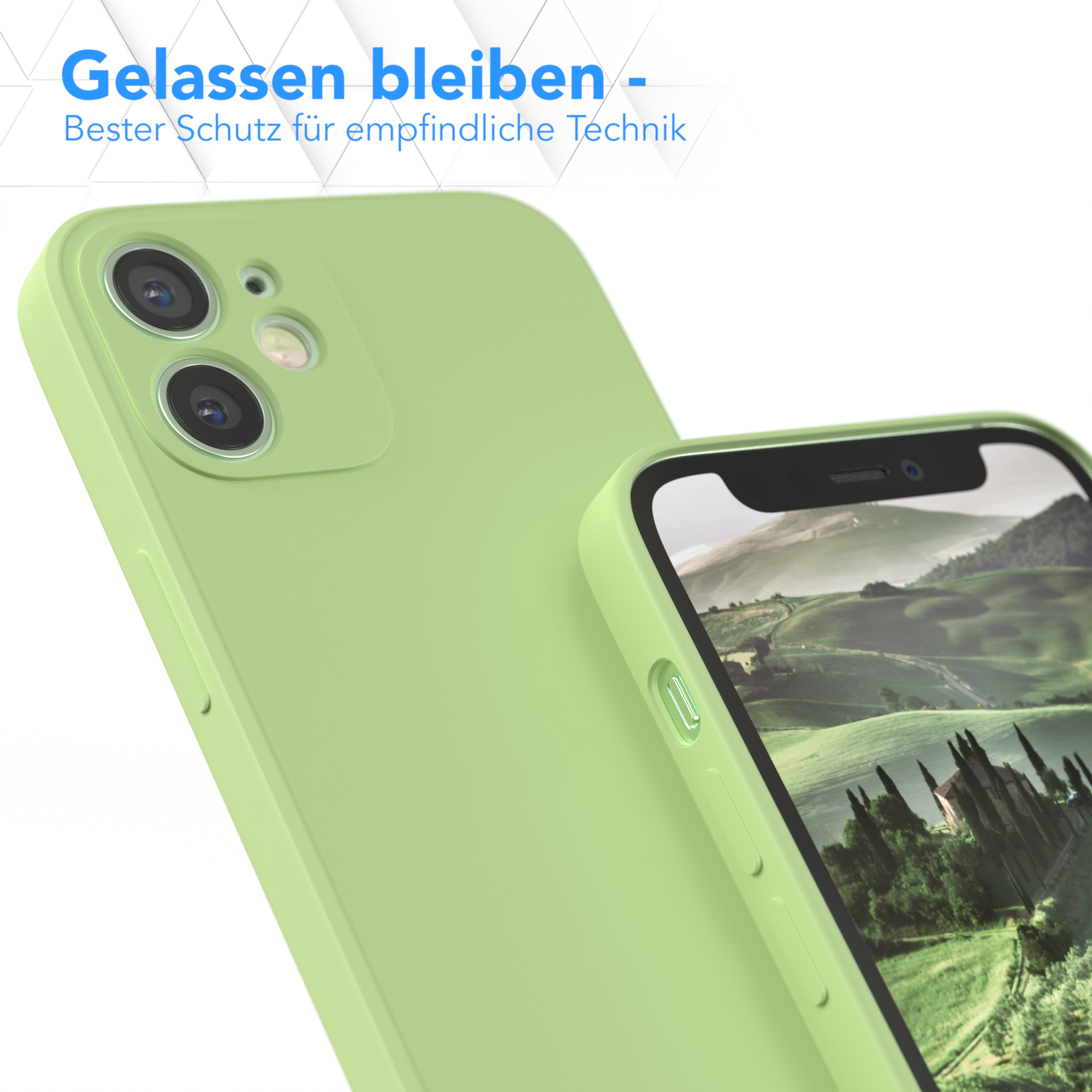 Grüne Handyhülle mit Telefonbildschirm, Text: Gelassen bleiben - Bester Schutz für empfindliche Technik.