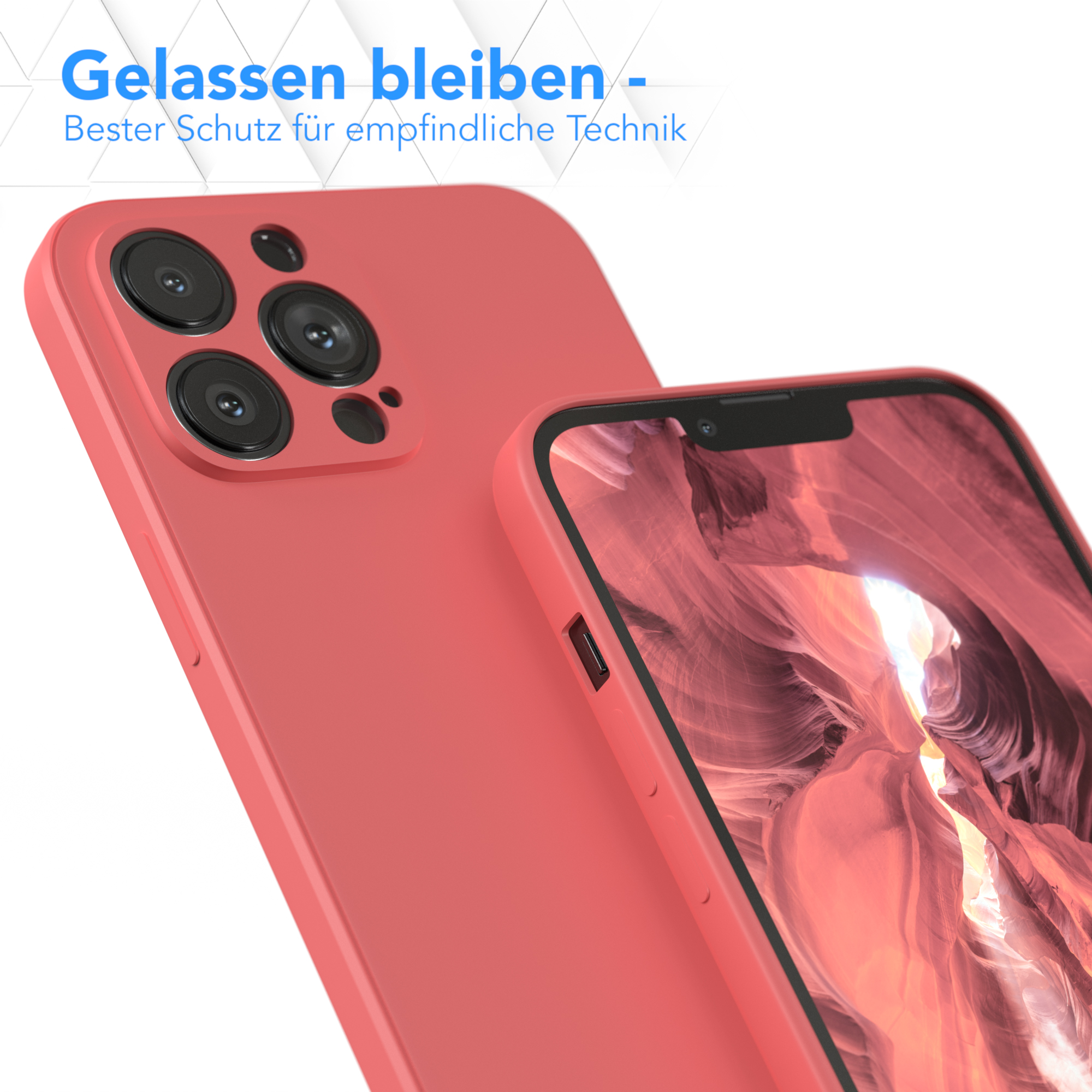 Zwei rote Handyhüllen, eine im Fokus. Text oben: 'Entspannen Sie sich, Bester Schutz für empfindliche Technik'.
