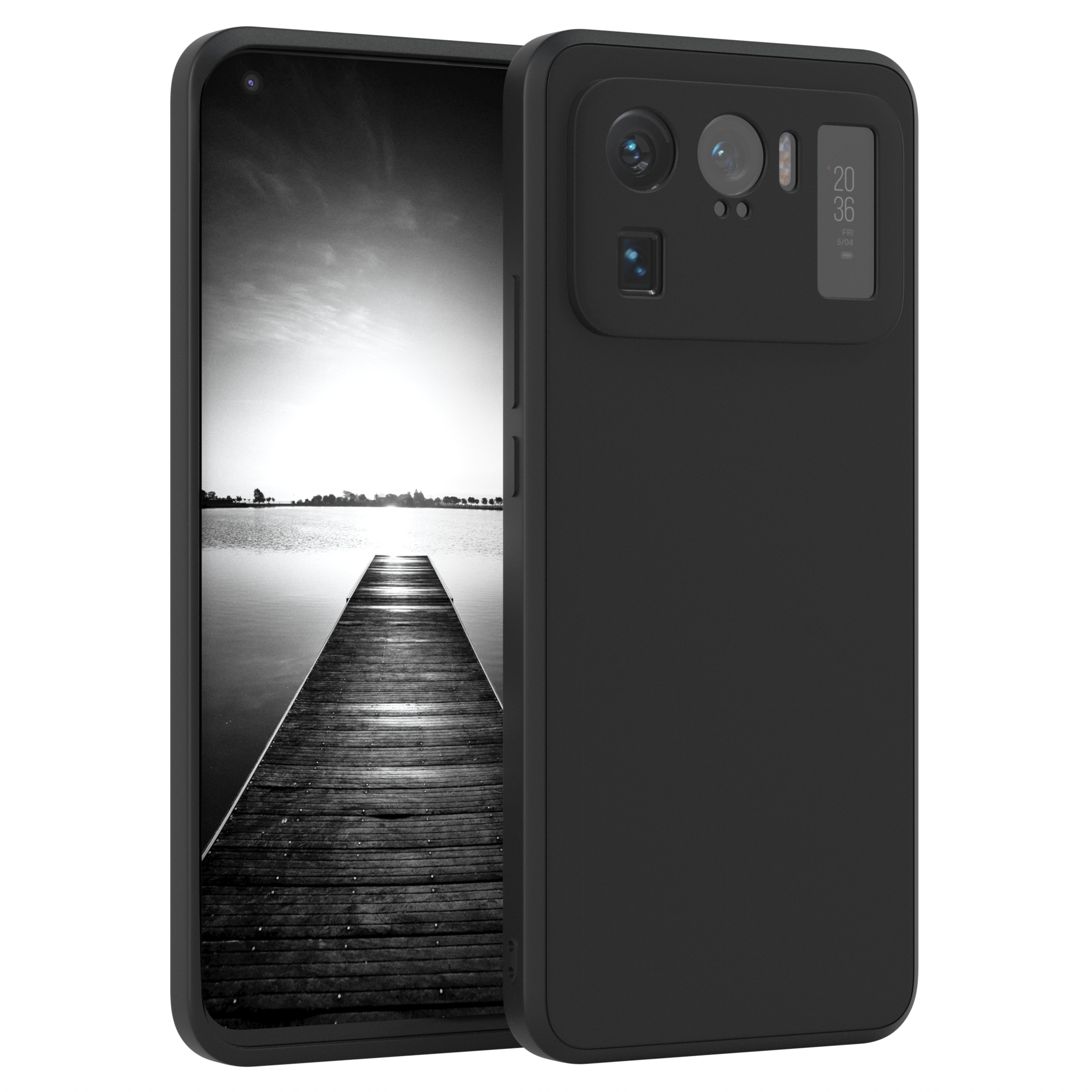 Schwarze Handyhülle mit Telefon, das eine Seeszene mit Steg zeigt.