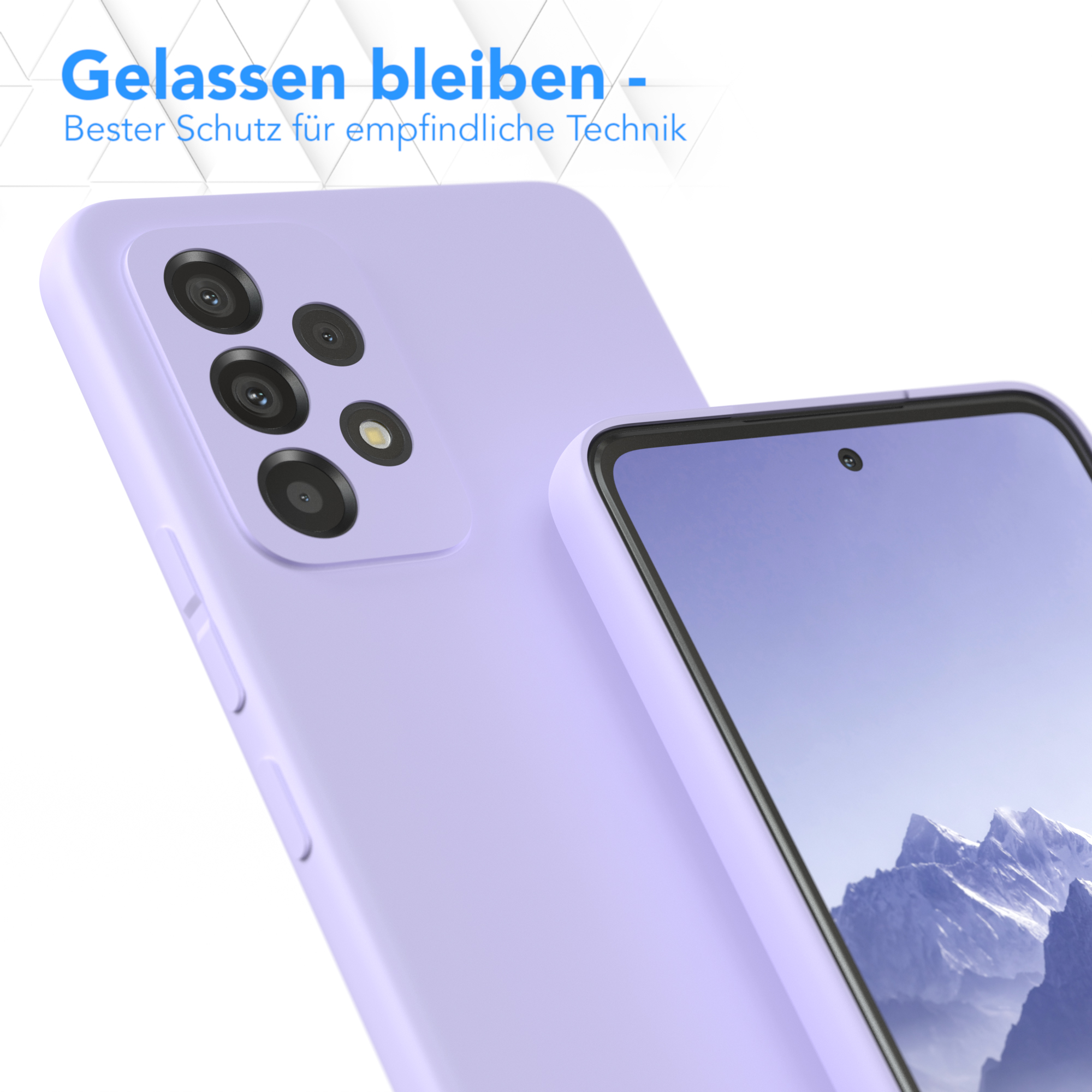 Eine Handyhülle und ein Telefon darin. Die Hülle ist lila. Der Hintergrund ist weiß.
