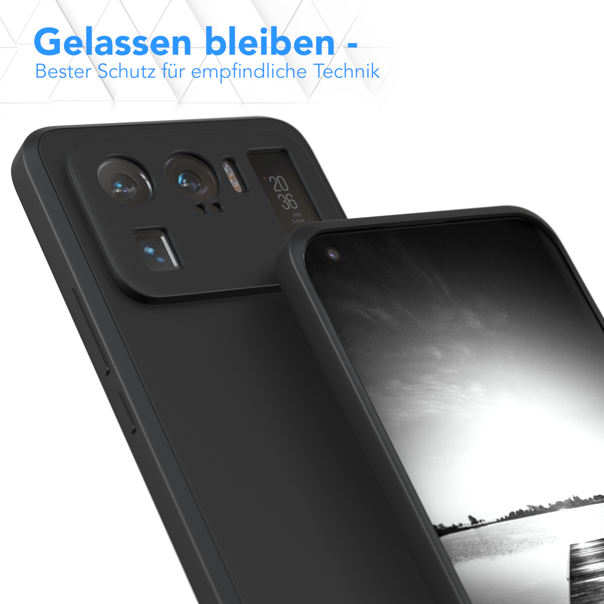 Eine schwarze Handyhülle mit einem Telefon darin, das einen Schwarz-Weiß-Bildschirm zeigt.