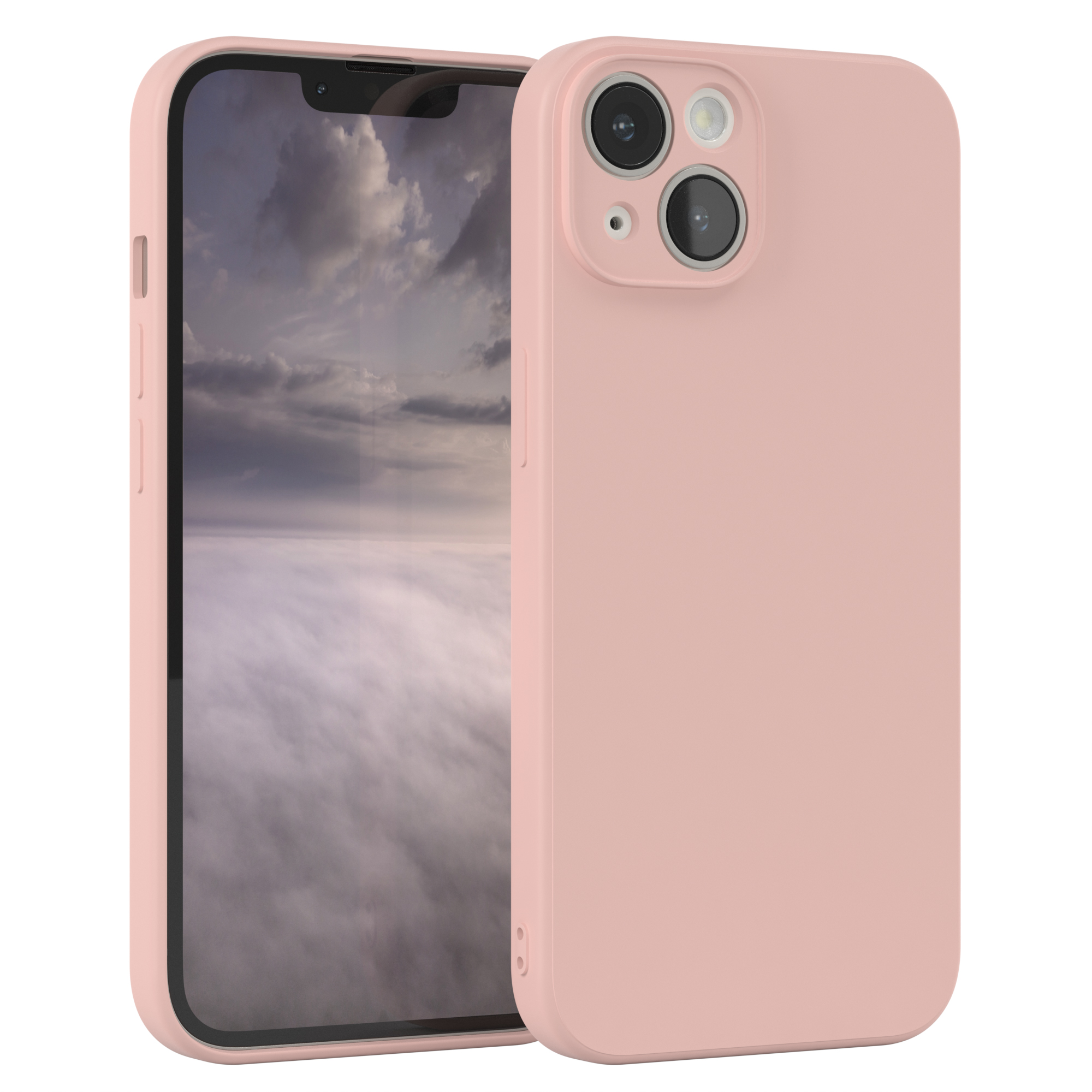 Rosa Telefon mit rosa Gehäuse. Der Bildschirm zeigt eine Wolkenszene.