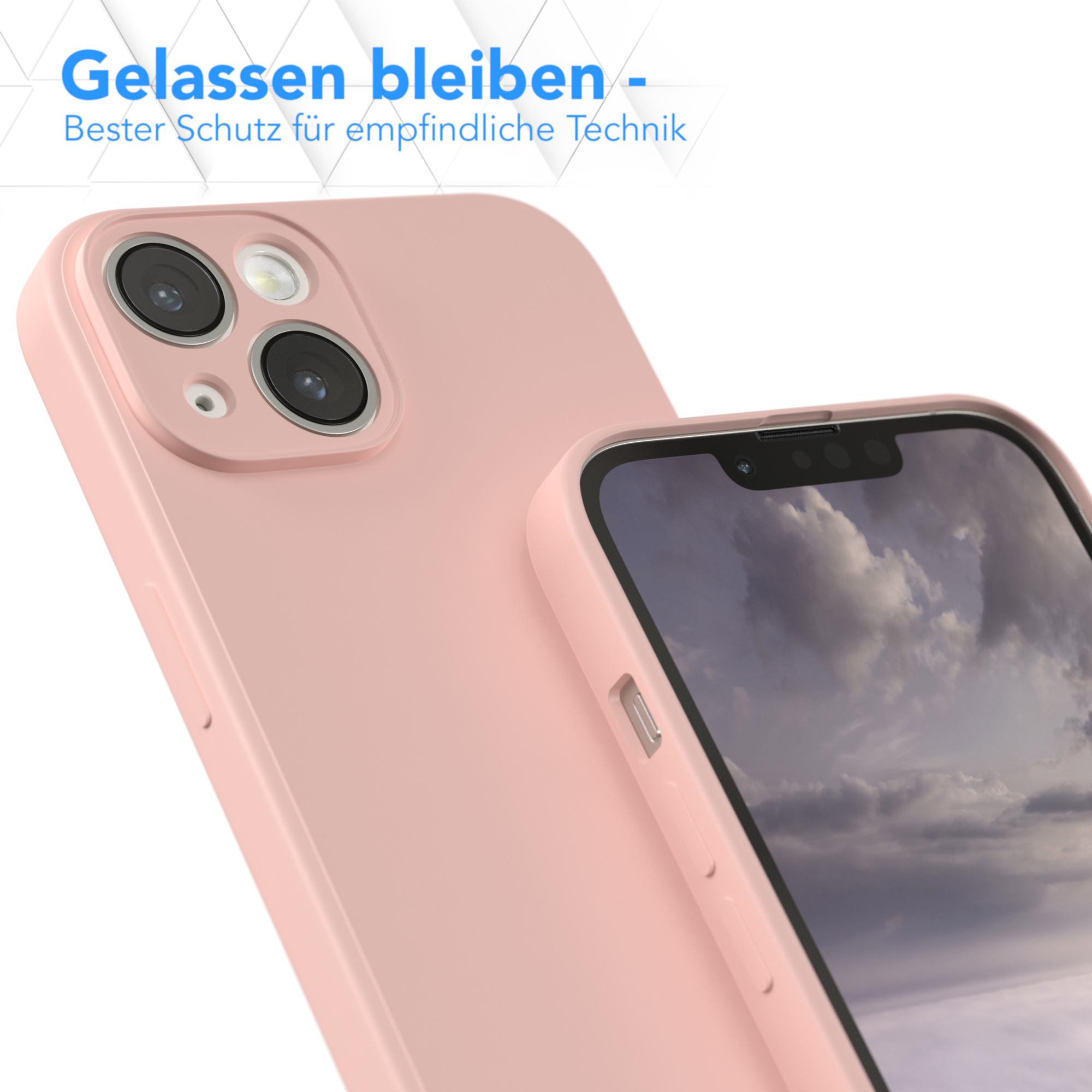 Rosafarbene Handyhülle auf dem Telefon, das andere im Hintergrund. Text: 'Entspannt bleiben'.