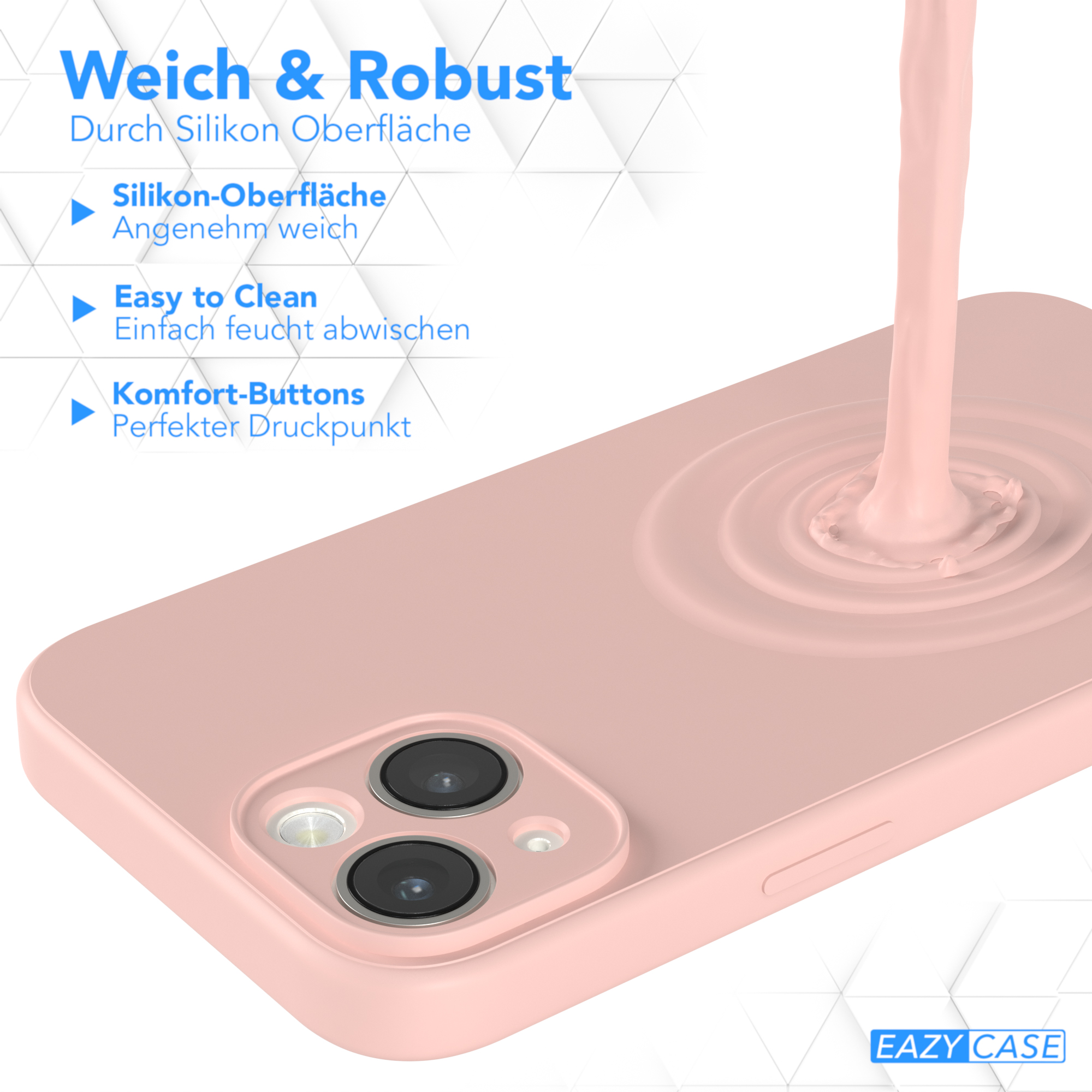 Pinkfarbene Handyhülle mit Tropfendesign. Weißer Hintergrund und das EAZY CASE-Logo.