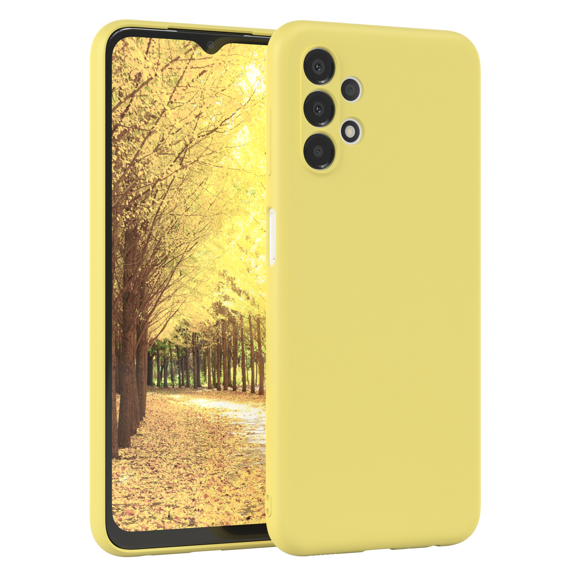 Gelbe Handyhülle mit Telefon, das eine Waldszene im Herbst zeigt.