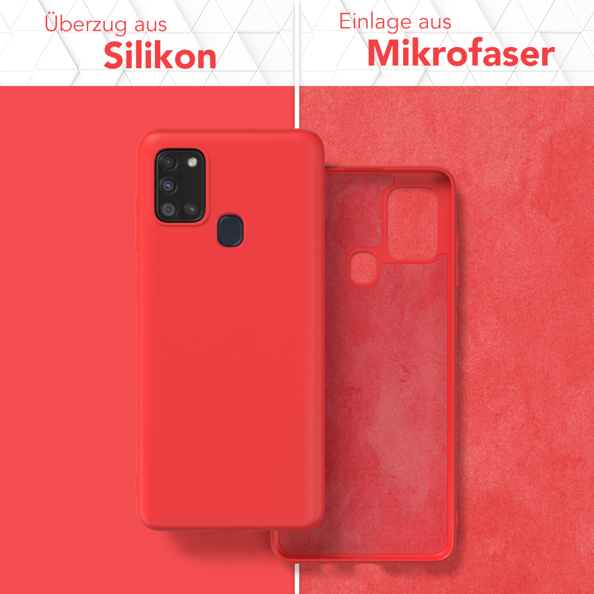 Rote Handyhülle, Silikon außen, Mikrofaser innen, auf rotem Hintergrund.