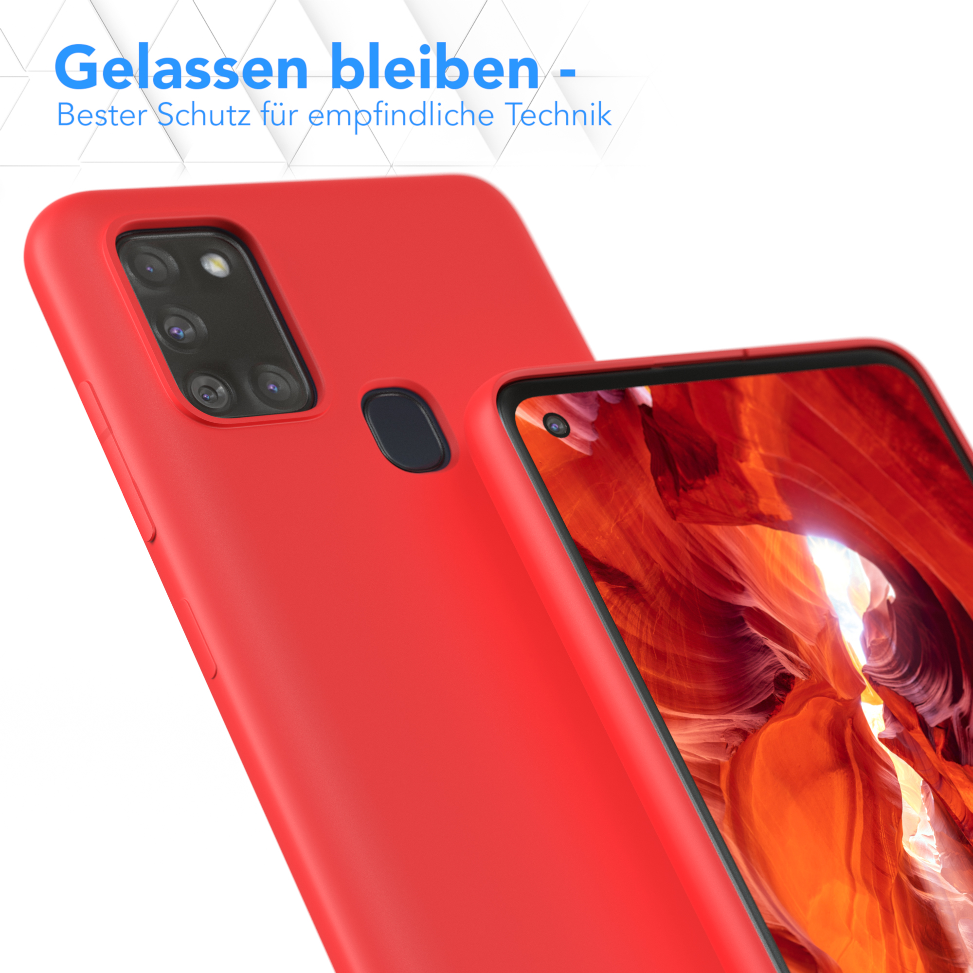 Eine rote Handyhülle auf einem Telefon. Text. Der Bildschirm ist sichtbar.