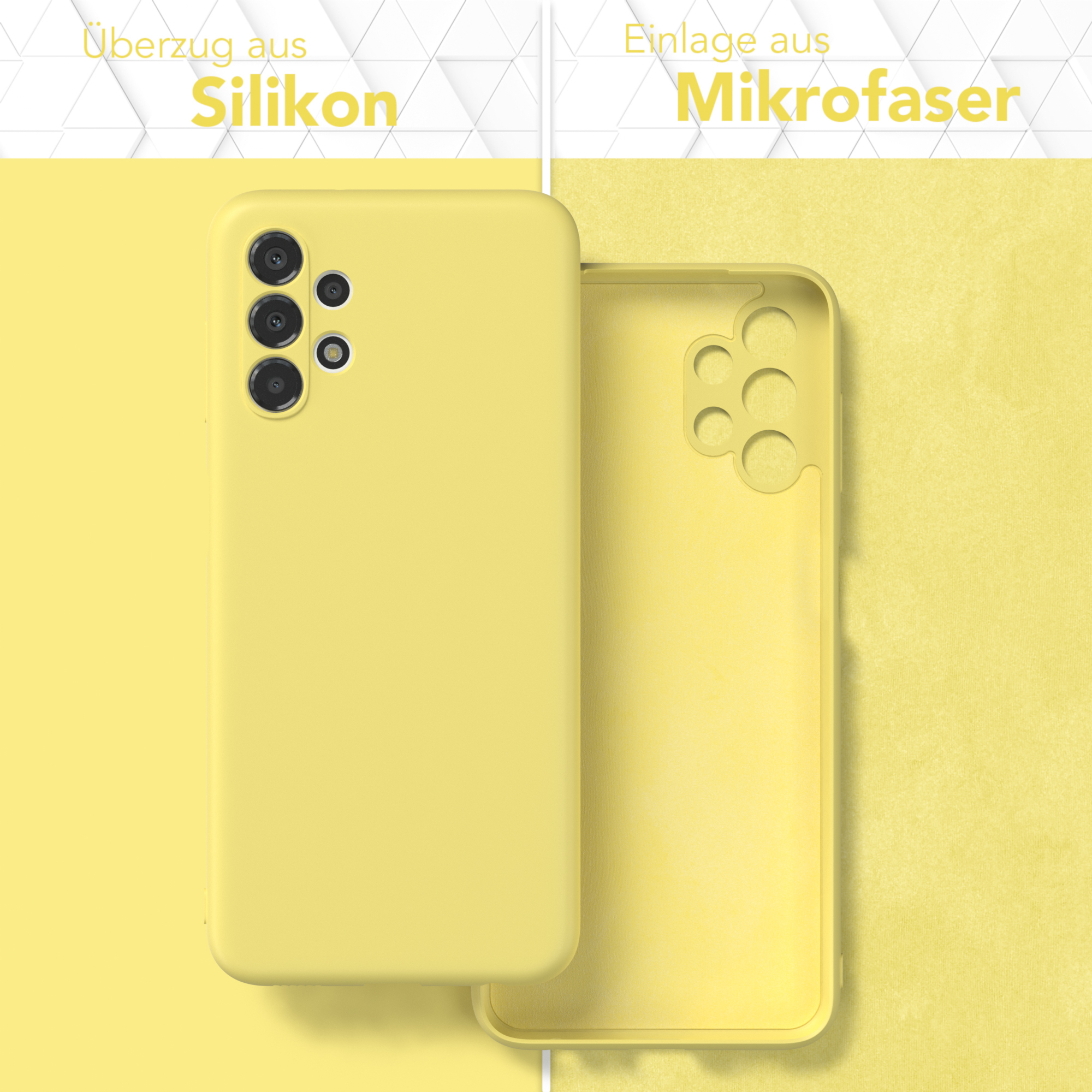 Handyhüllen-Teile: Silikonhülle und Mikrofaserfutter. Die Hülle ist gelb, das Futter hat die gleiche Farbe.