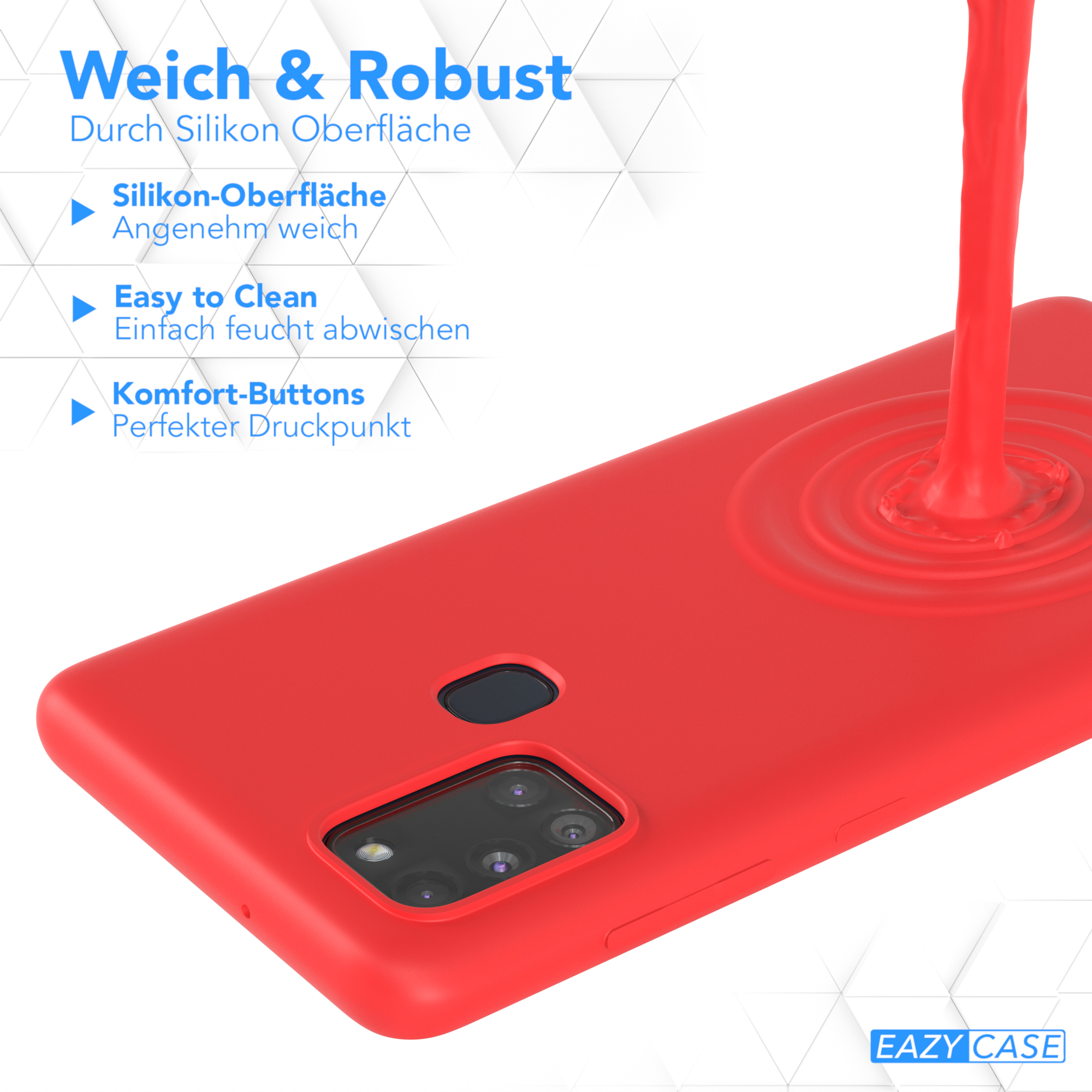 Rote Handyhülle mit einem fließenden Strom roter Flüssigkeit. Text sagt 'Weich & Robust'.