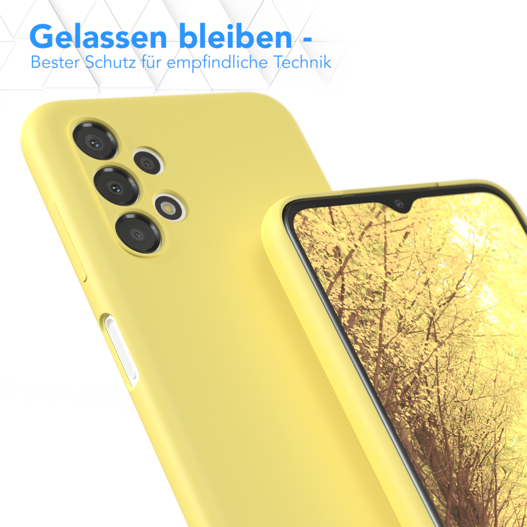 Eine gelbe Handyhülle mit einem Telefon darin.