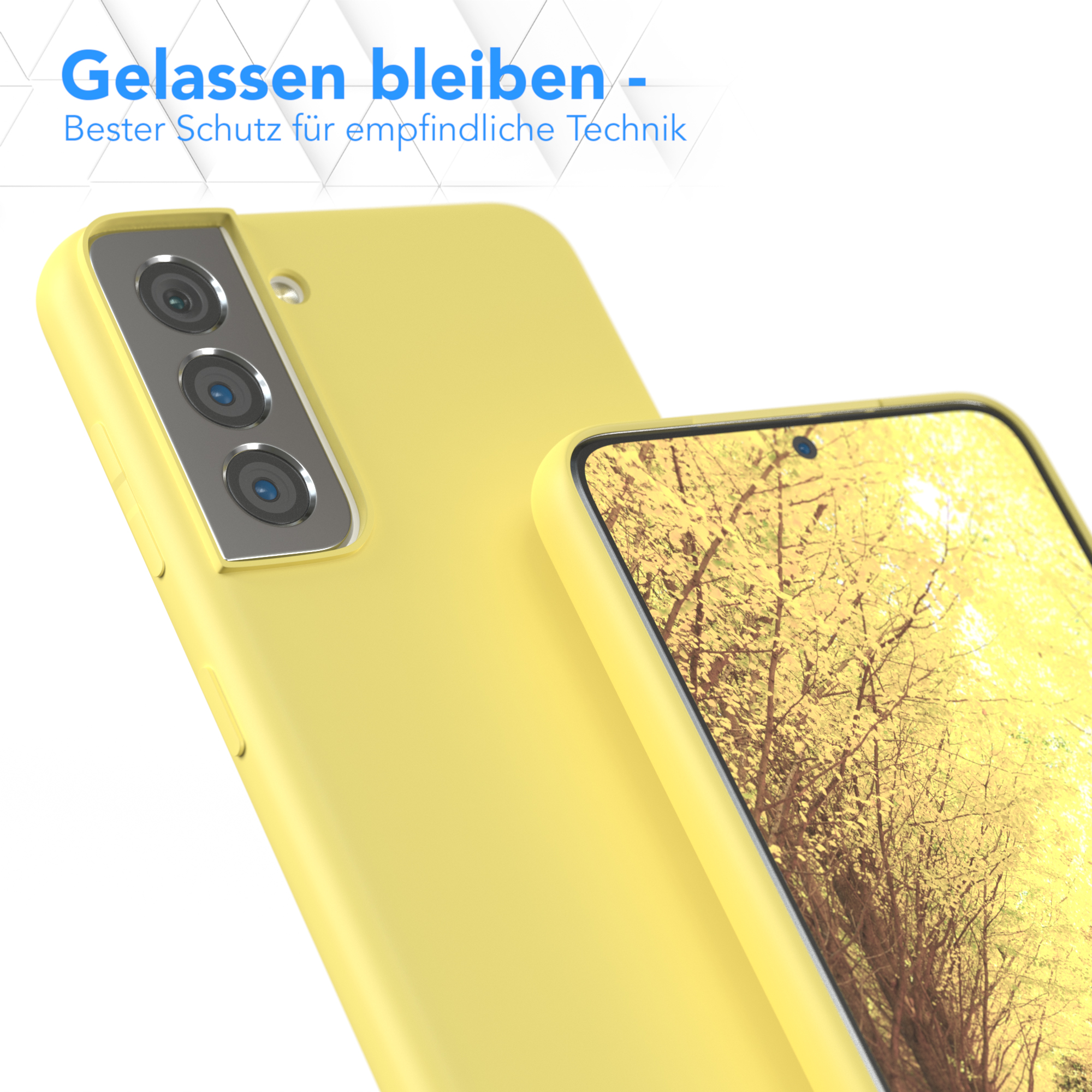 Gelbes Telefon und Hülle, Text 'Gelassen bleiben', ein Foto von Bäumen wird angezeigt.