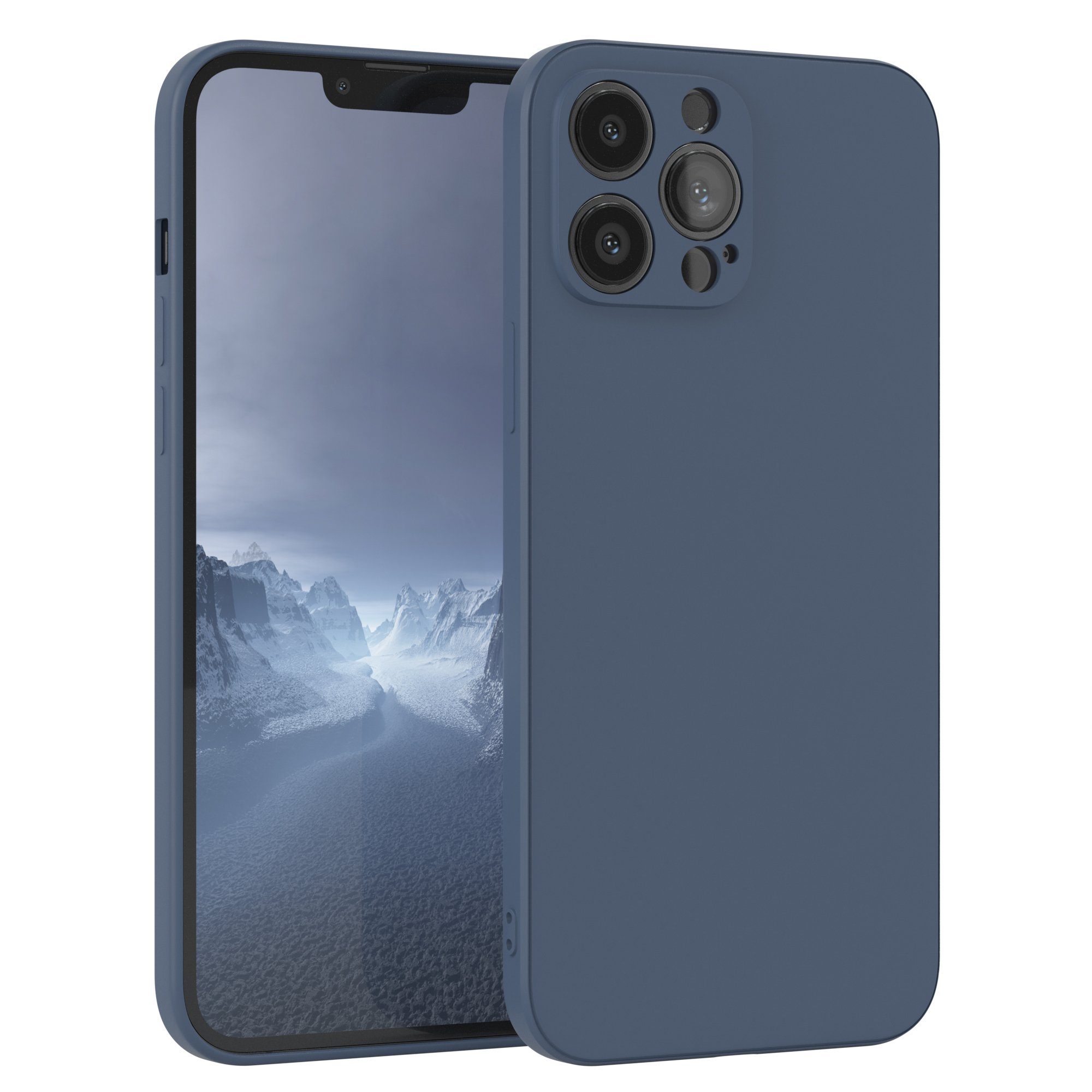 Blaue Handyhülle mit Telefon. Der Bildschirm ist schwarz.