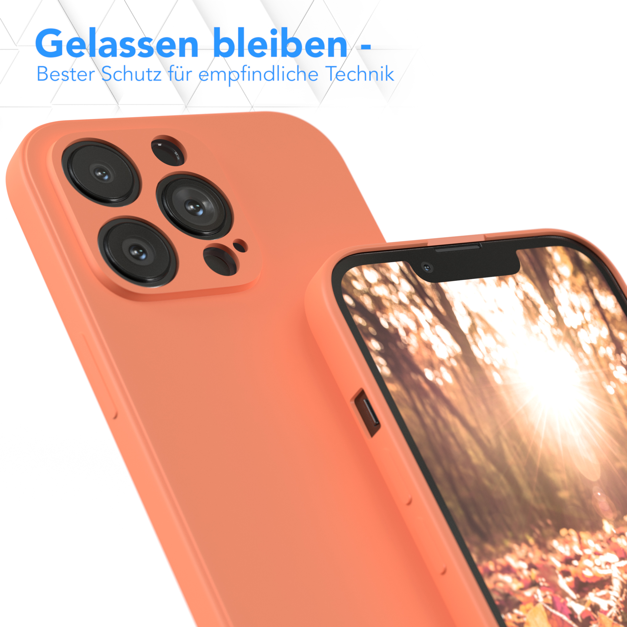 Orangefarbene Handyhülle und Telefon. Der Hintergrund zeigt den Sonnenuntergang.