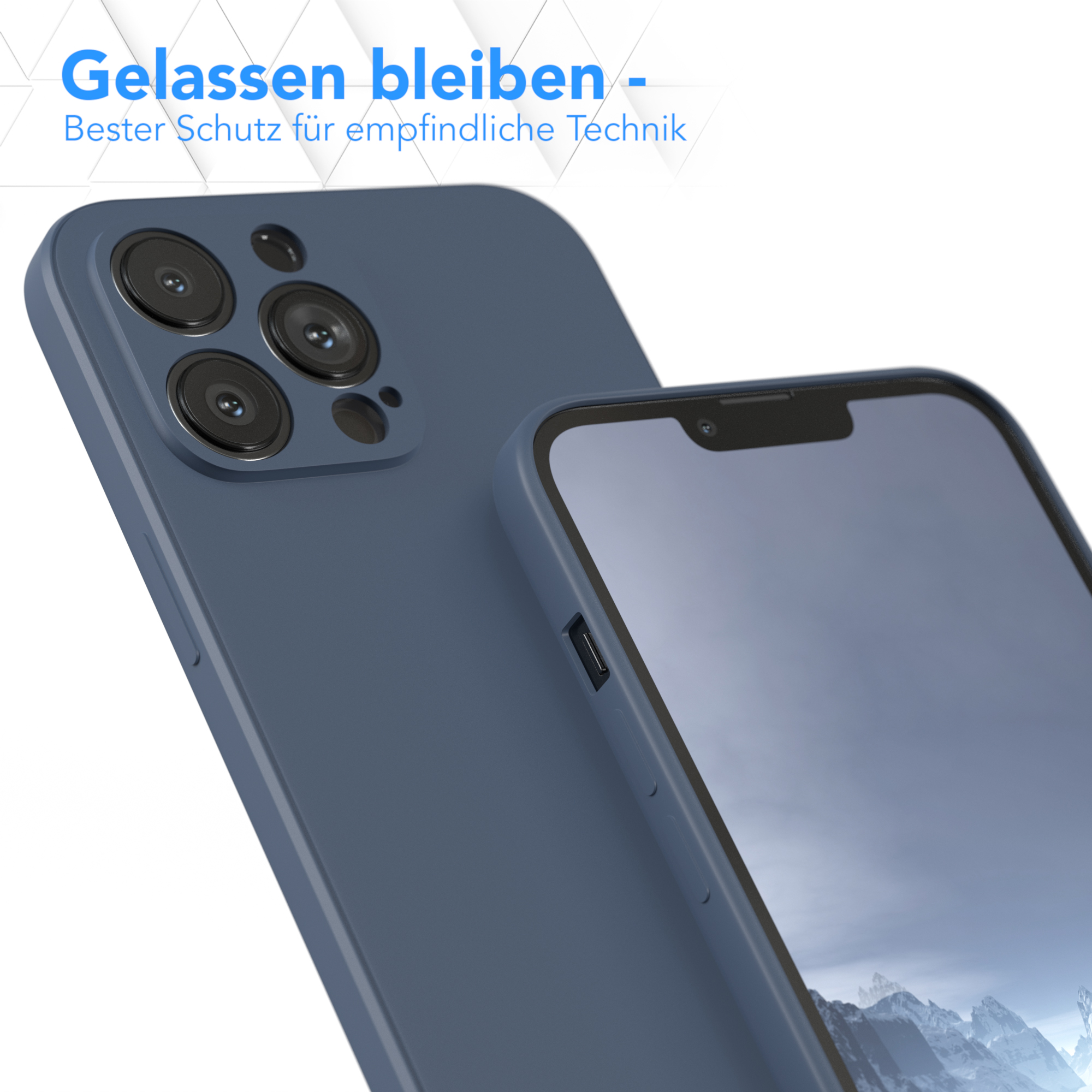 Eine Handyhülle neben einem Handy, mit verschwommenem Hintergrund. Die Handyhülle ist blau.
