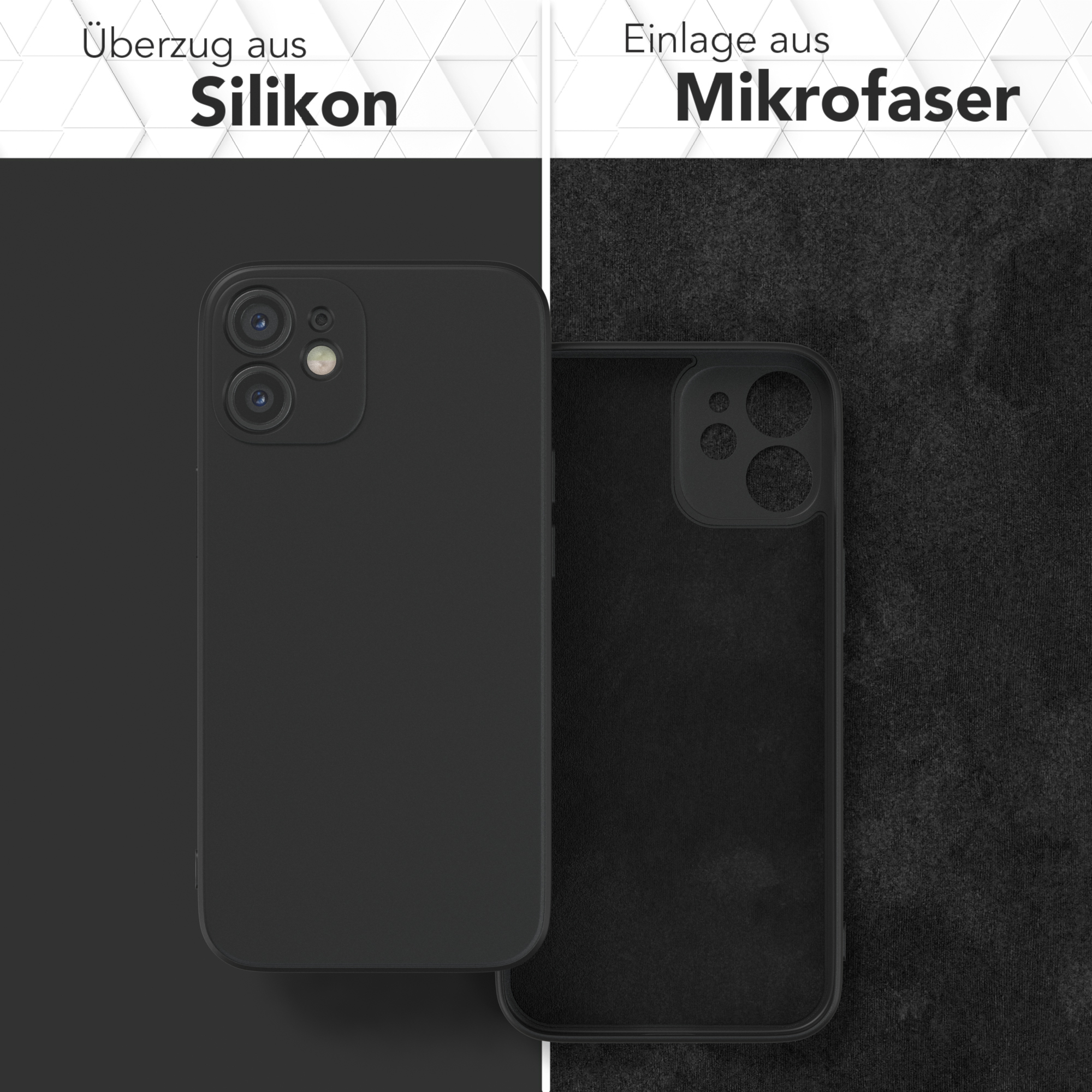 Schwarze Handyhülle und Mikrofaser-Einsatz, Text: Überzug aus Silikon, Einlage aus Mikrofaser.