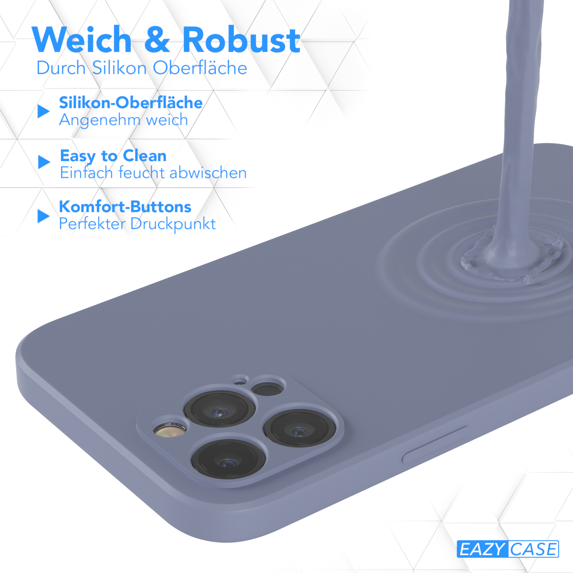 Blaue Handyhülle mit Flüssigkeit. Text sagt "Weich & Robust" mit Merkmalen: Silikonoberfläche.