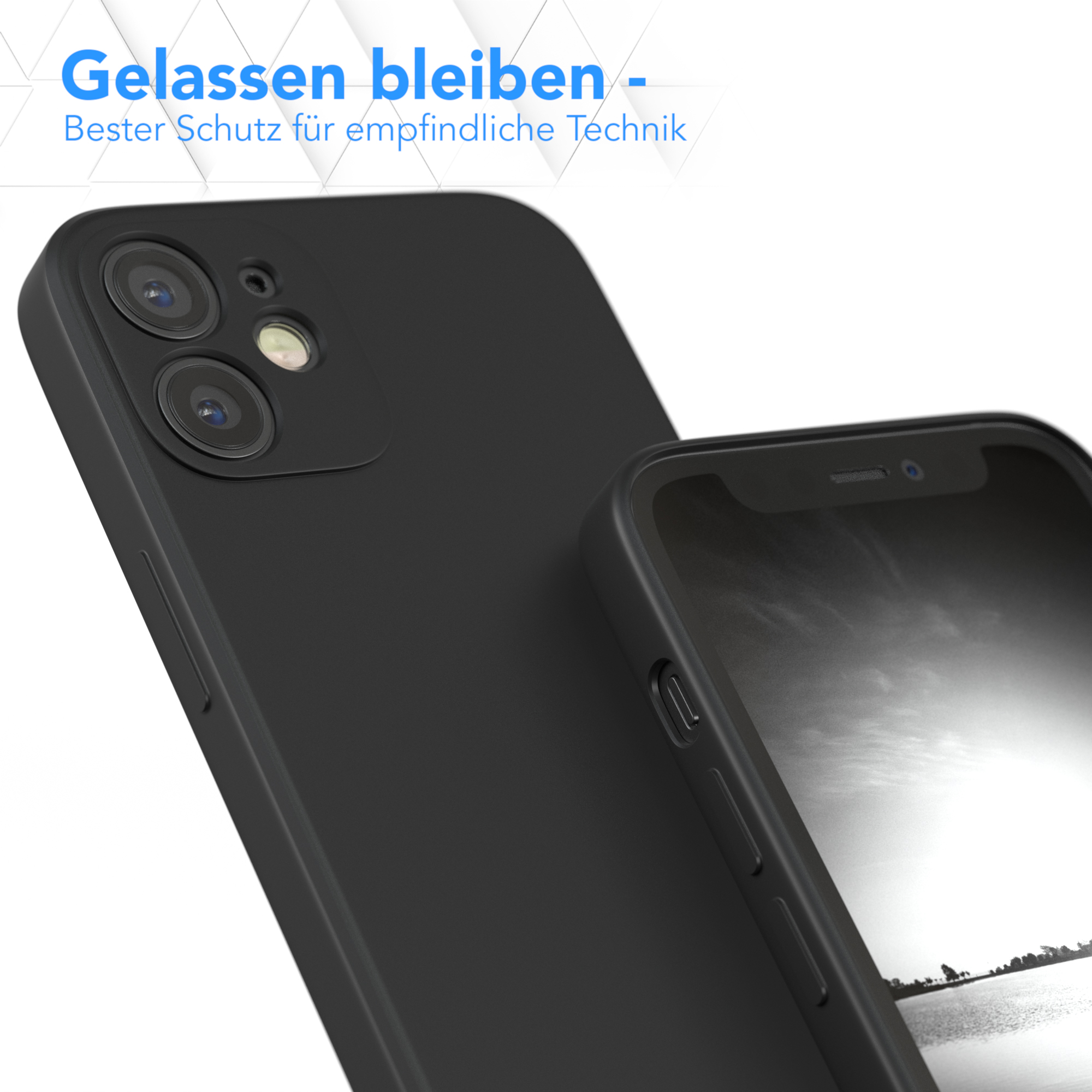 Eine schwarze Handyhülle wird neben einem Telefon gezeigt, das einen Bildschirm anzeigt. Die Hülle ist abgewinkelt.