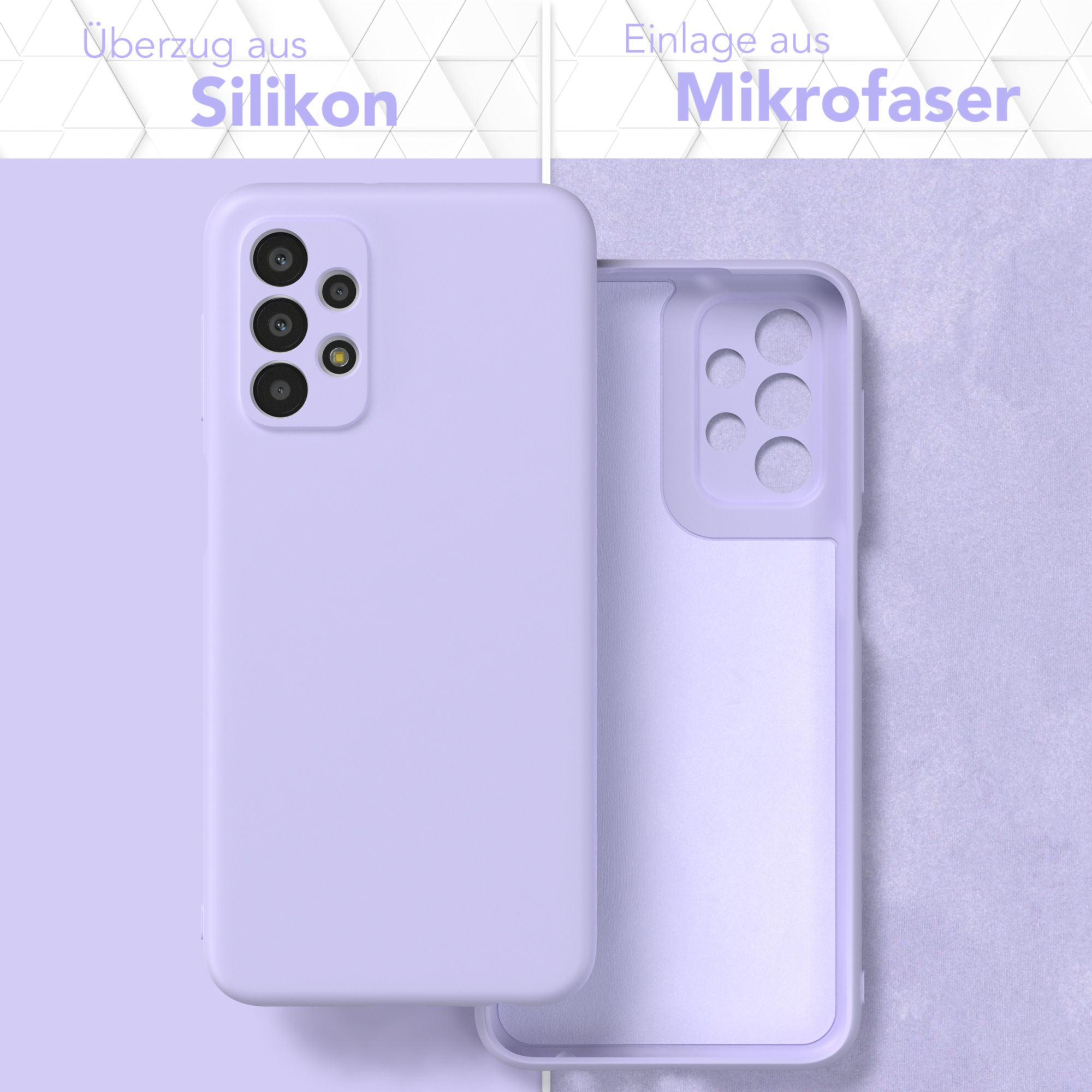 Zwei hellviolette Handyhüllen, eine geöffnet, um die Innenseite zu zeigen. Weißer Hintergrund mit Farbverlauf.