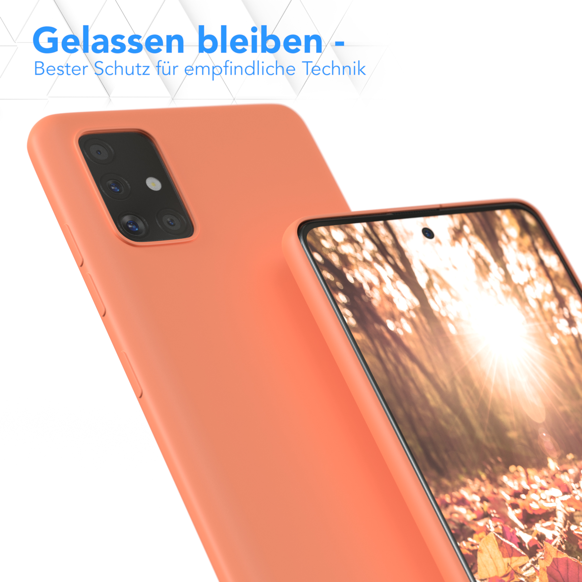 Eine orangefarbene Handyhülle schützt ein Telefon. Die Worte "Gelassen bleiben" stehen oben im Bild.
