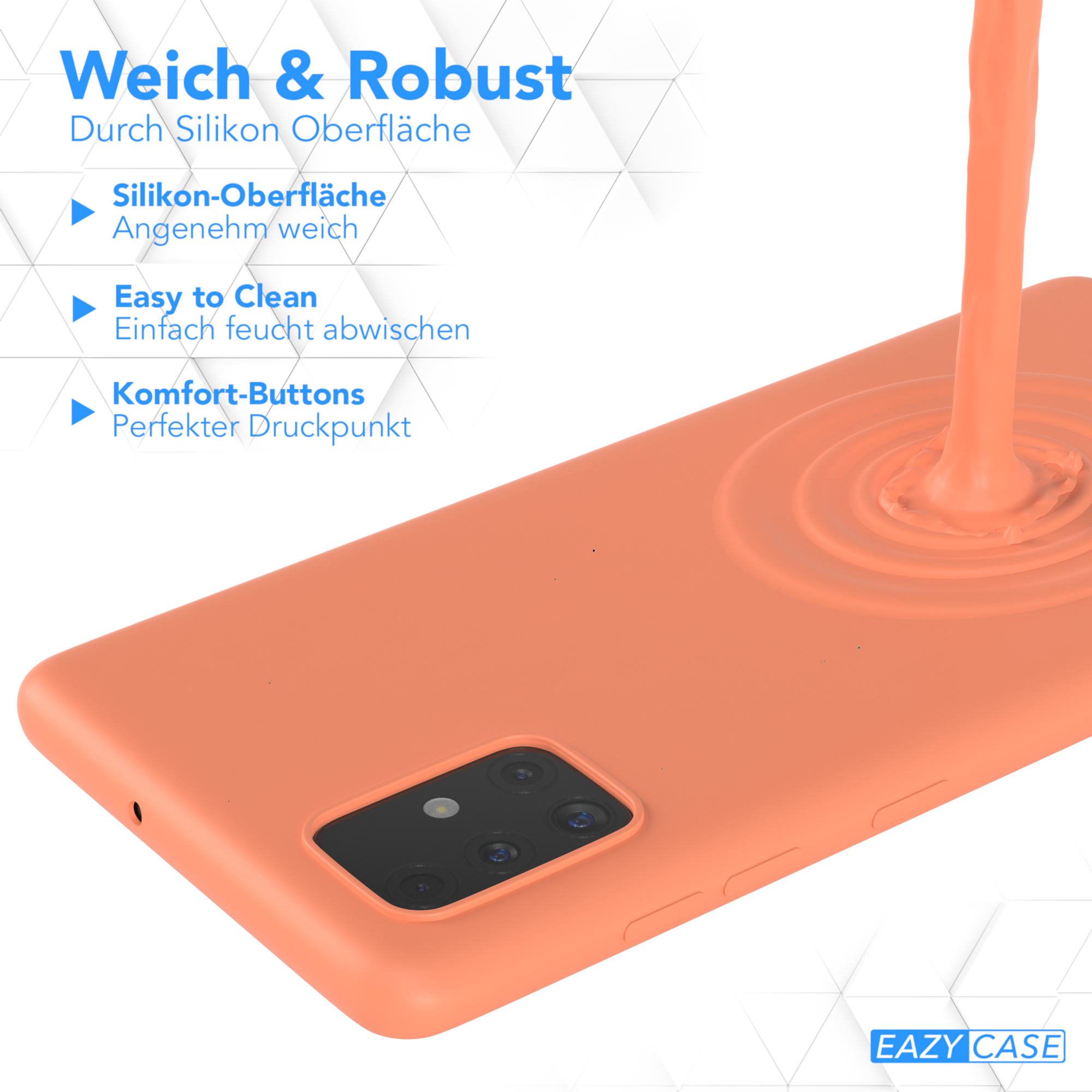 Orange Handyhülle mit Flüssigkeit, Text über Silikonoberfläche und Komforttasten.
