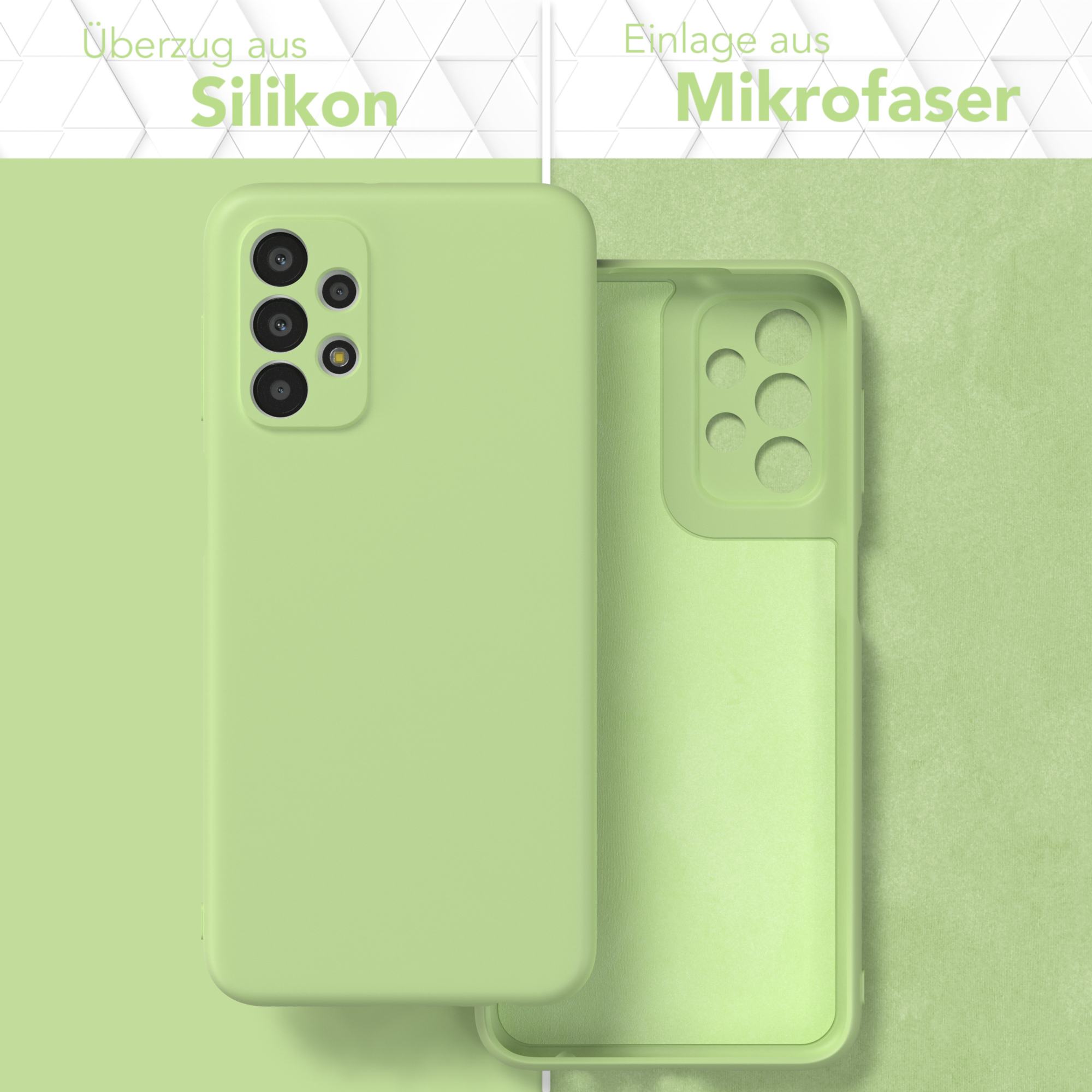 Zwei Handyhüllen: Eine grüne, die das Telefon bedeckt. Eine weitere grüne, die die Innenseite zeigt.