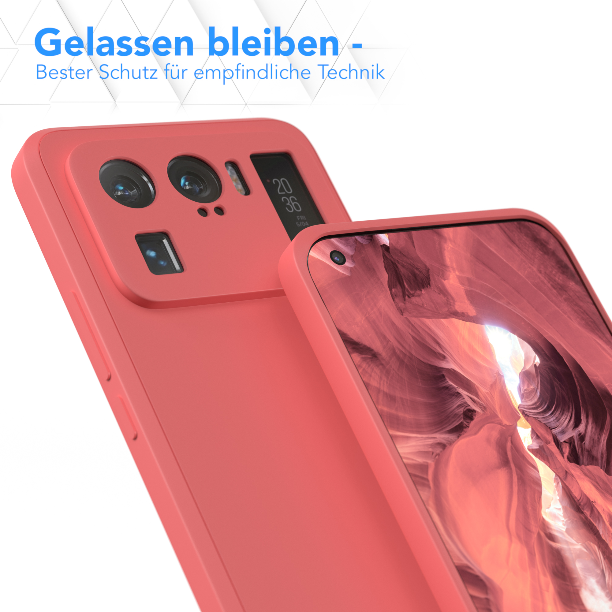 Eine pfirsichfarbene Telefonhülle und ein Telefon. Das Telefon zeigt eine Schlucht. Text: 'Gelassen bleiben'.