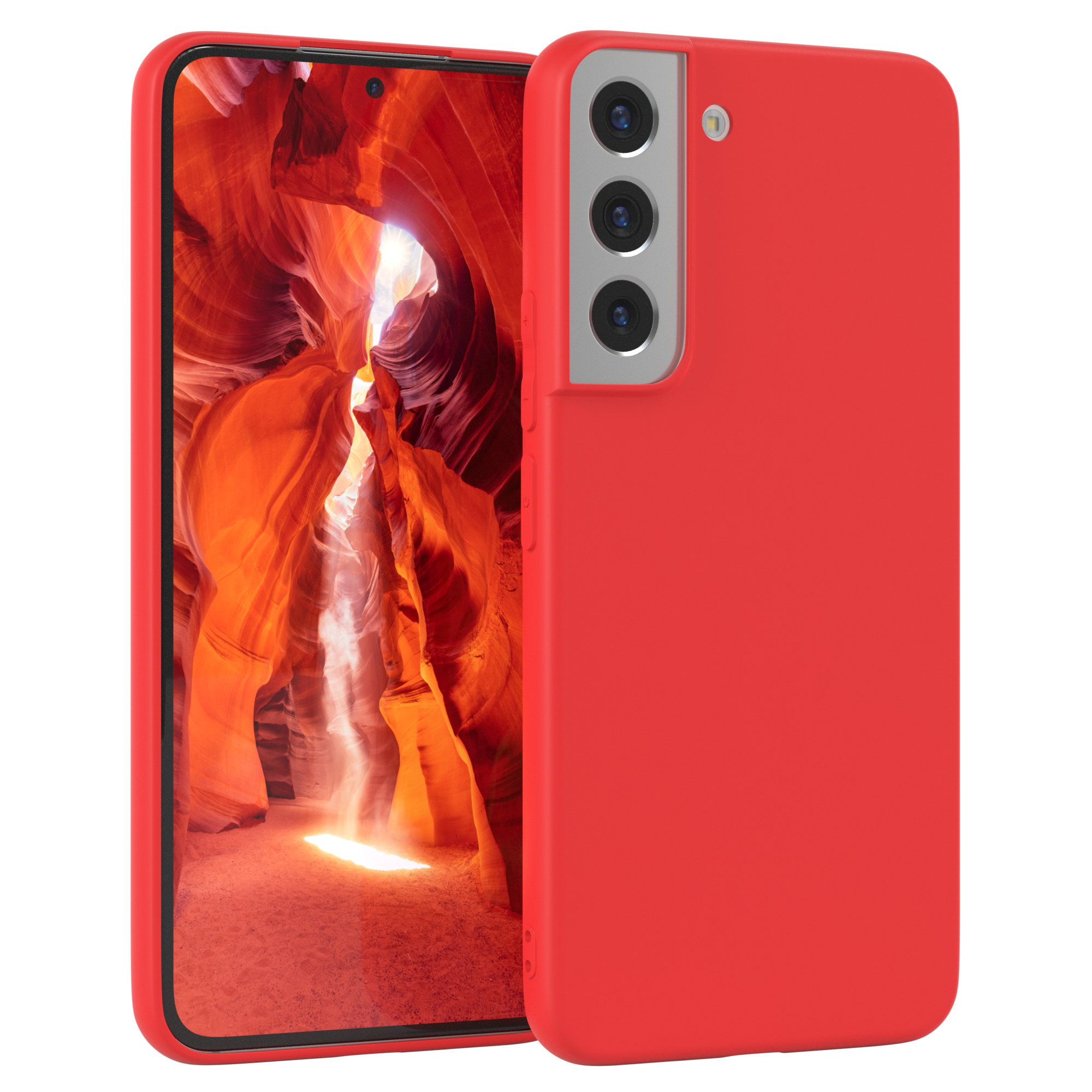 Ein rotes Telefon mit roter Hülle, das eine Canyon-Landschaft zeigt.