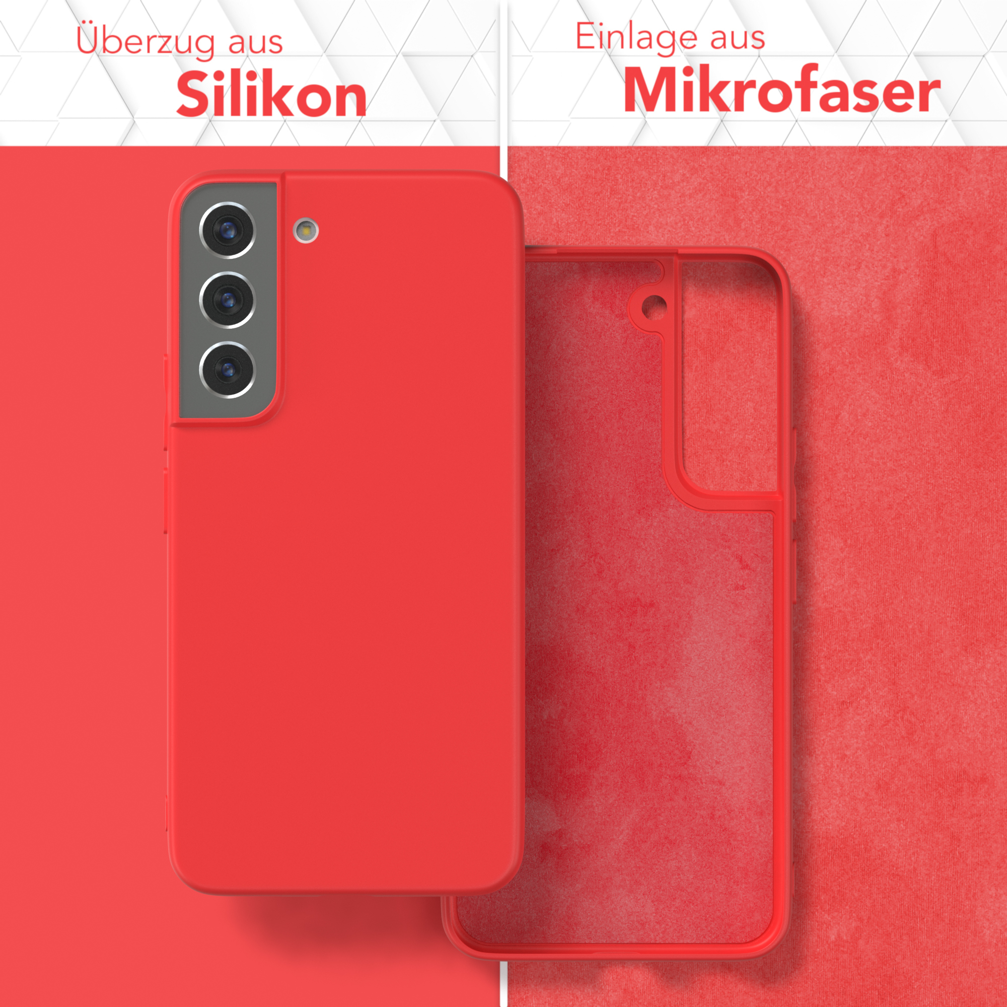 Eine rote Handyhülle und ihr Mikrofaser-Innenraum.