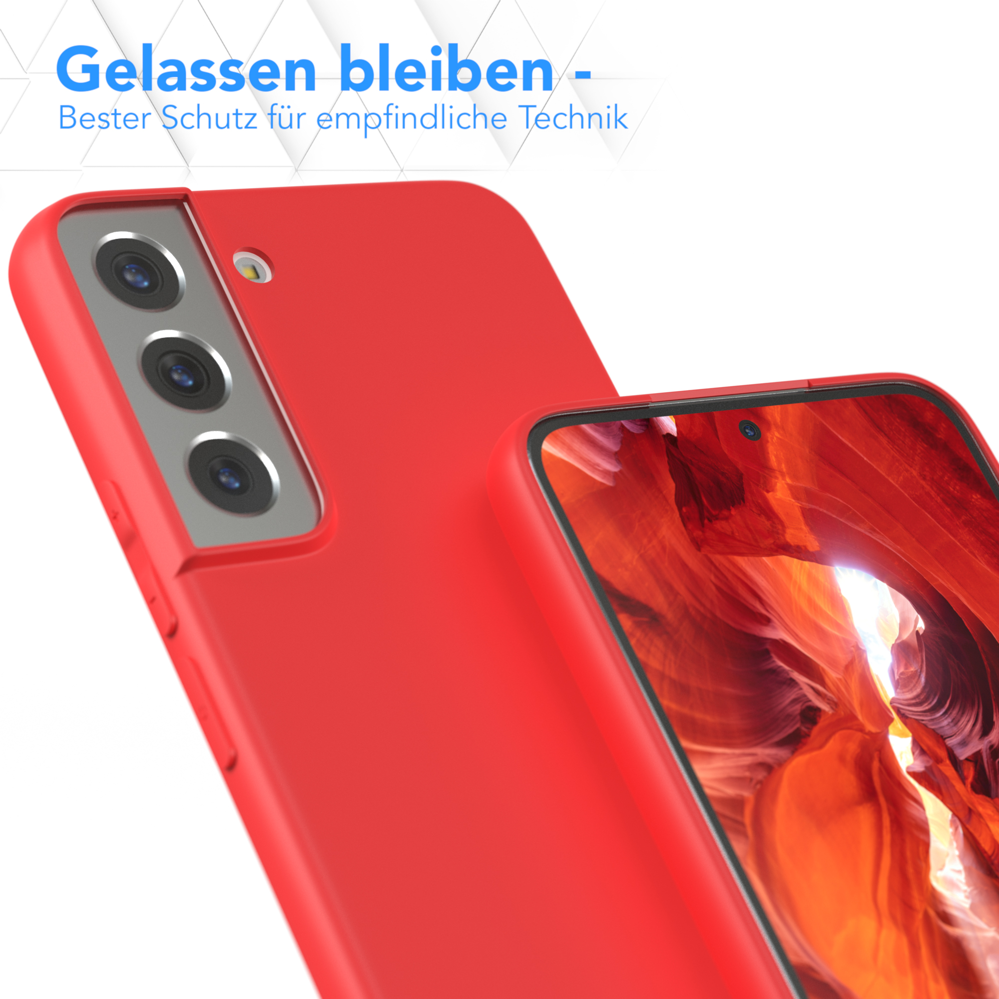 Rote Handyhülle mit rotem Telefon, Nahaufnahme. Text: Gelassen bleiben, Bester Schutz für empfindliche Technik.