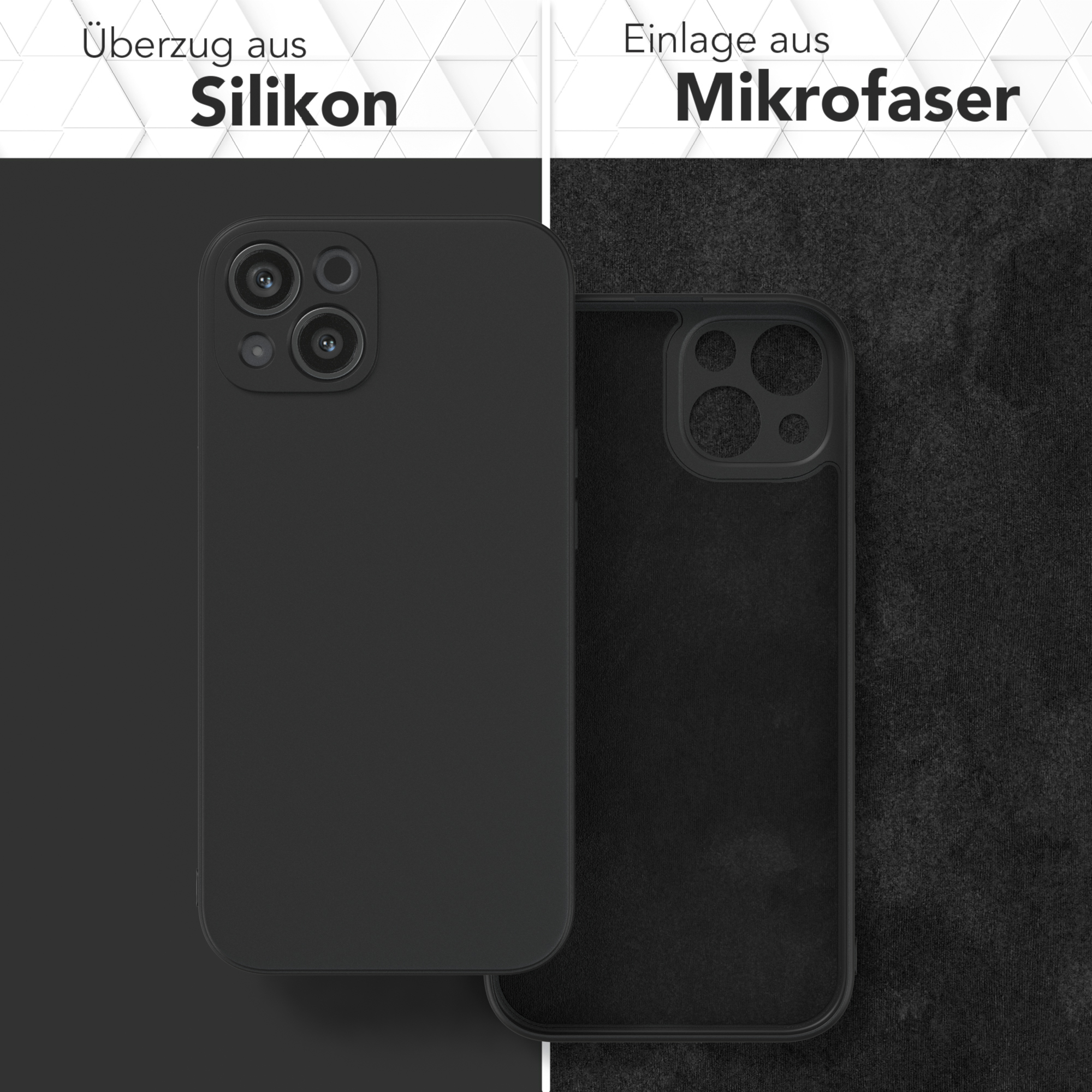 Eine schwarze Handyhülle, mit Silikon außen und Mikrofaser innen, rechts offen.
