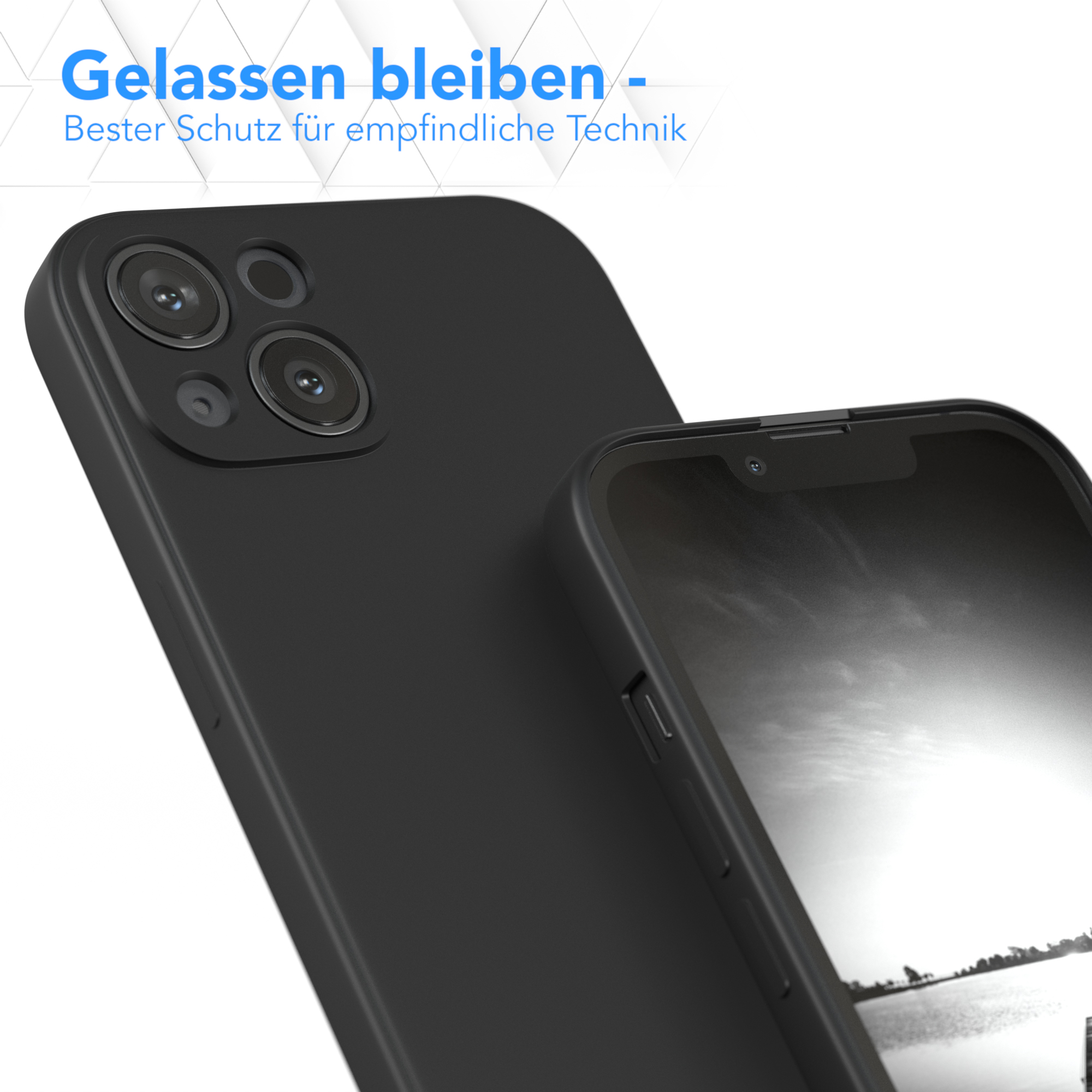 Nahaufnahme einer schwarzen Handyhülle und eines Telefons, mit deutschem Text zum Schutz.