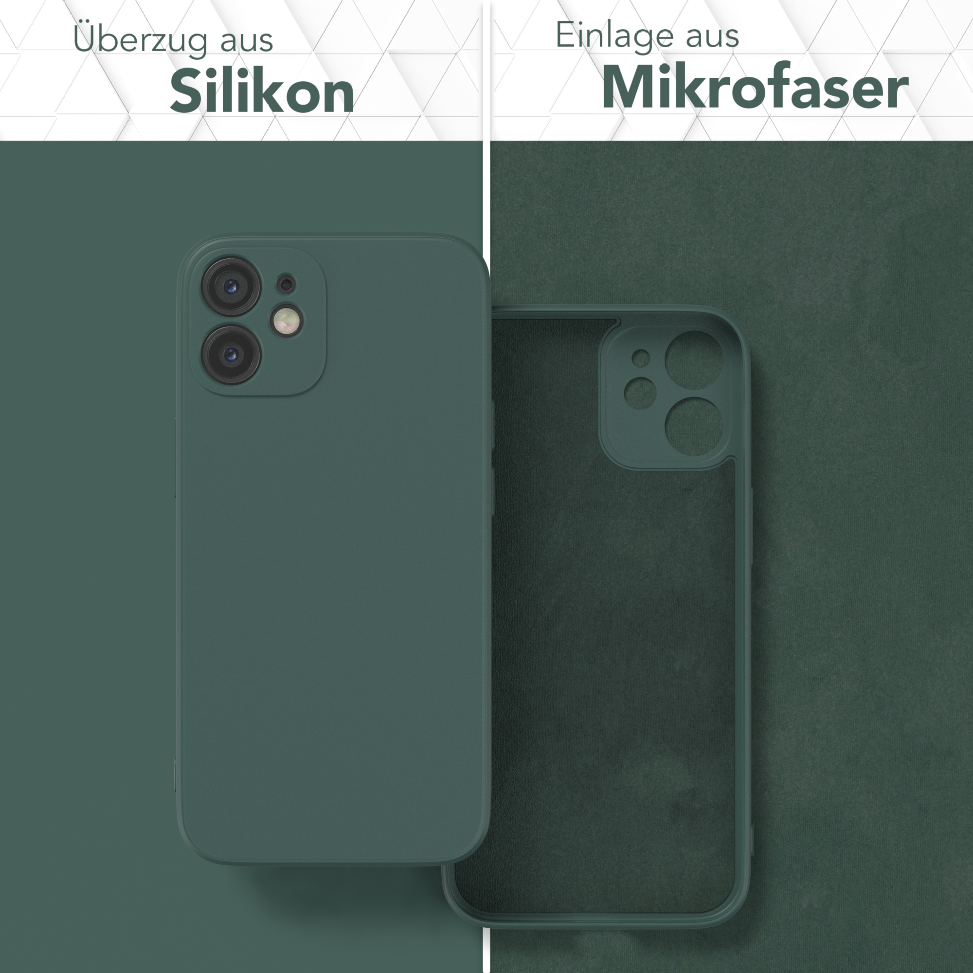 In zwei Hälften geschnittene Handyhülle, die Silikon- und Mikrofasertexturen zeigt.
