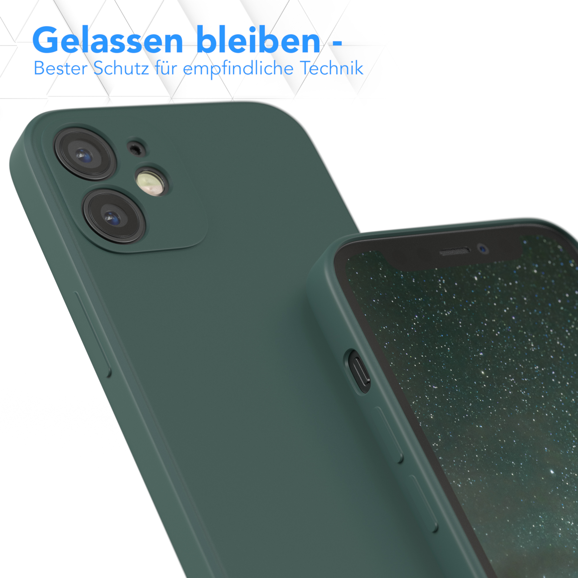 Grüne Handyhülle schützt das Telefon, mit Text darüber.