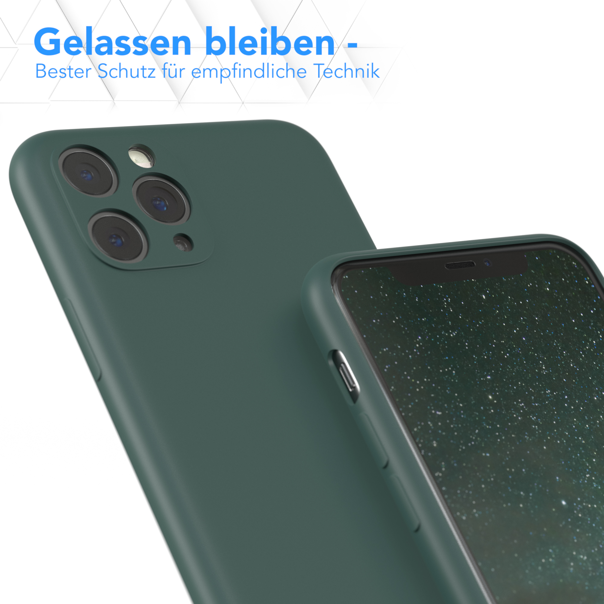 Dunkelgrüne Handyhülle neben Telefon. Text: 'Entspannt bleiben - Bester Schutz für empfindliche Technik'.