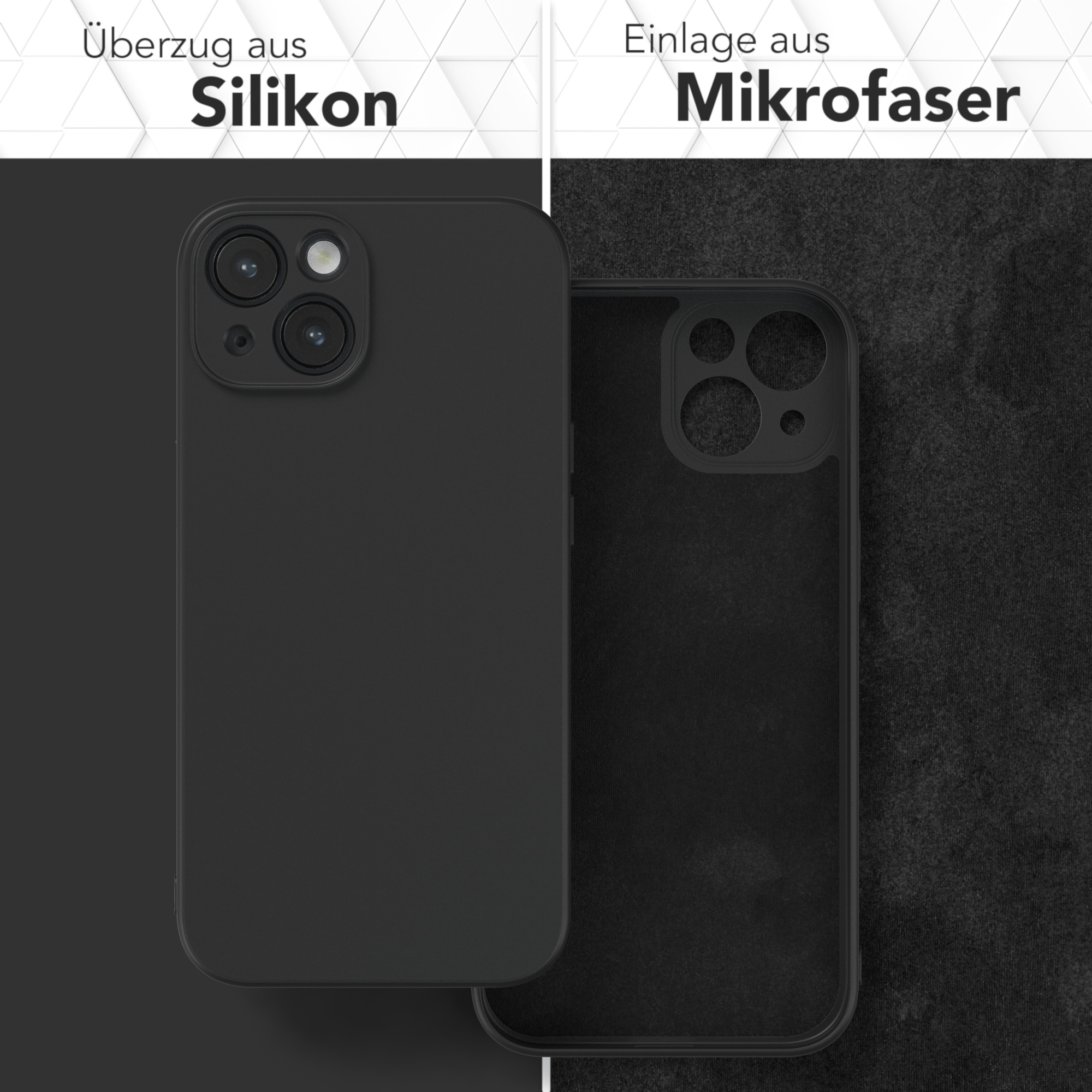 Schwarze Handyhülle und ihr Mikrofaser-Innenraum.