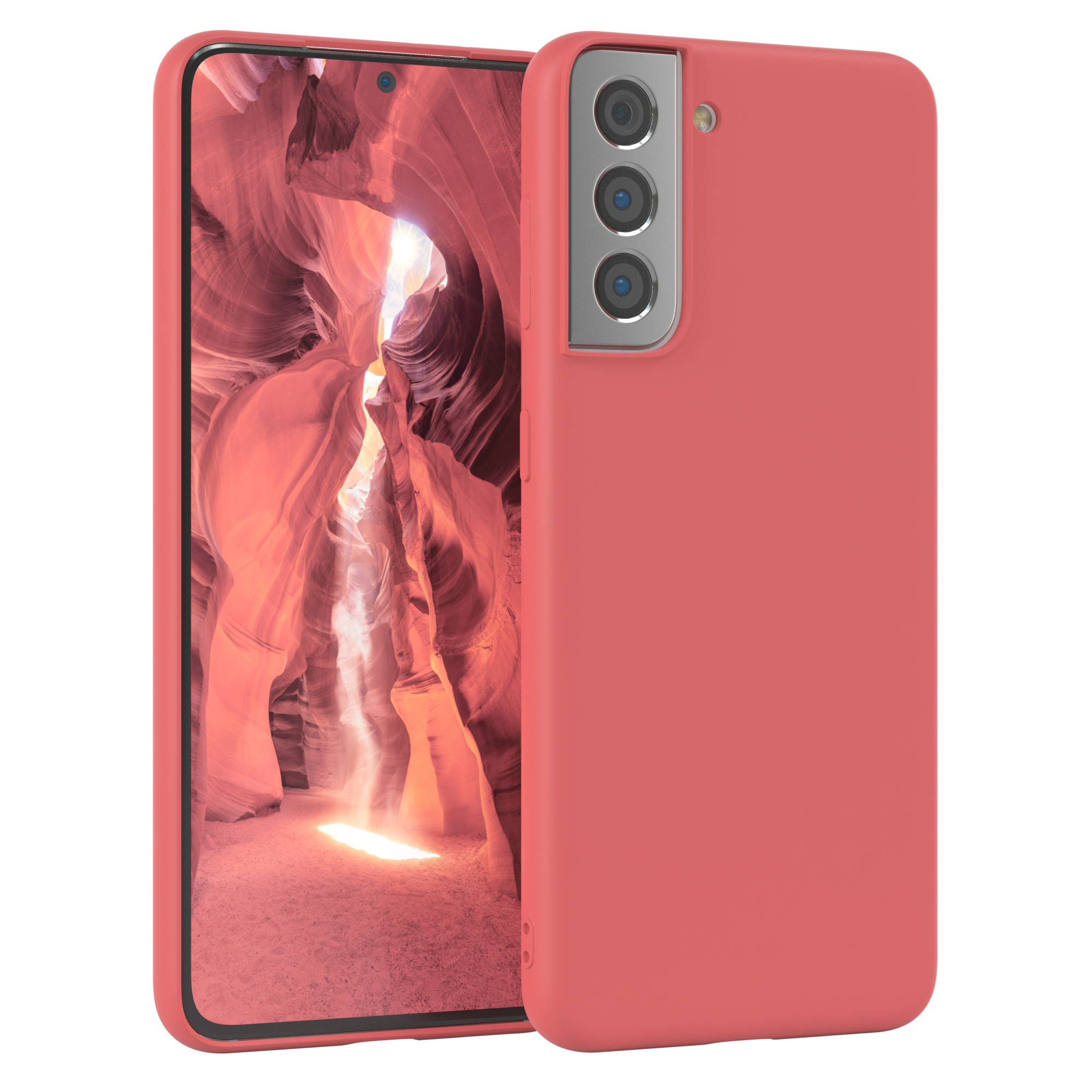 Rotes Telefon mit rotem Gehäuse. Das Telefon zeigt eine Canyon-Szene.