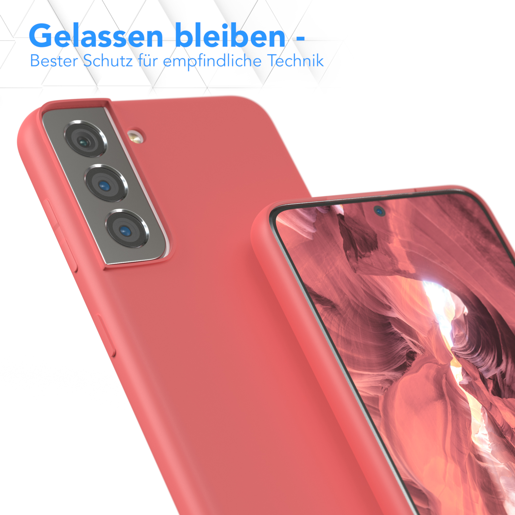 Rote Handyhülle und Handy. Das Handy befindet sich in der Hülle, abgewinkelt. Text im Hintergrund.
