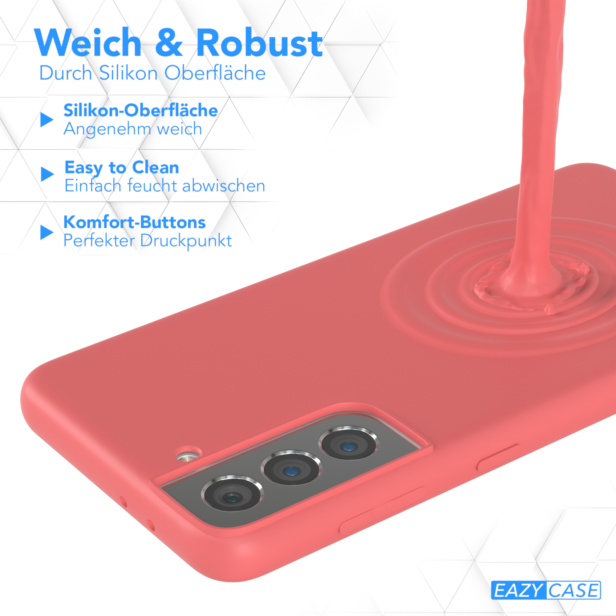 Ein Handycase, auf das Flüssigkeit gegossen wird. Text: Weich & Robust, Easy to clean, Comfort-Buttons, und Silikonoberfläche.
