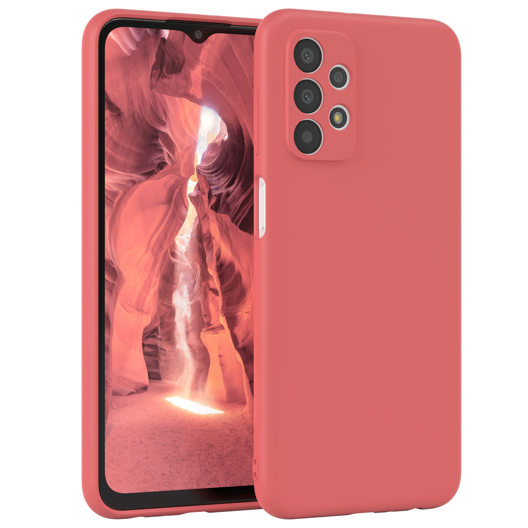 Korallenfarbene Handyhülle über einem Telefon. Das Telefon hat einen Bildschirm mit Canyon-Bild. Auf weißer Oberfläche.